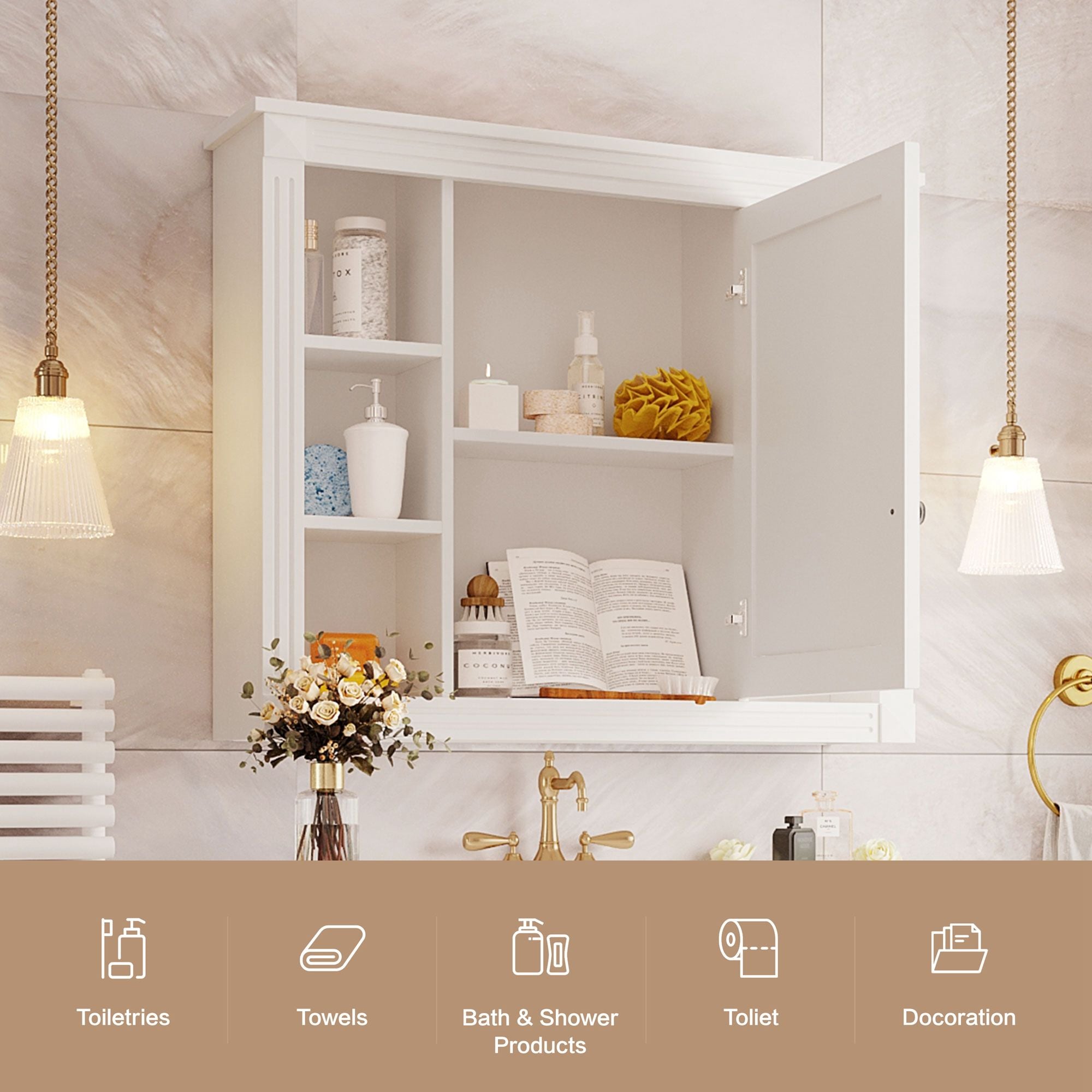 Wall Mounted Bathroom Storage Cabinet With Mirror, Cabinet With 6 Open Shelves And Adjustable Interior