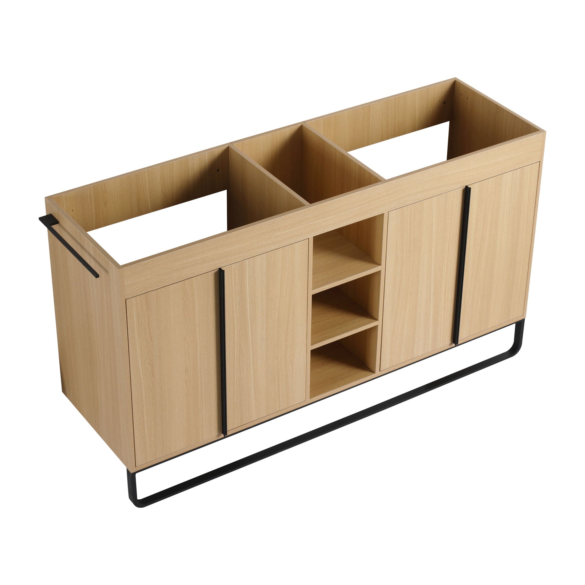 58" Freestanding Bathroom Cabinet With 4 Soft Close Doors & 3 Open Racks (Vanity Only, No Sink) - Oak