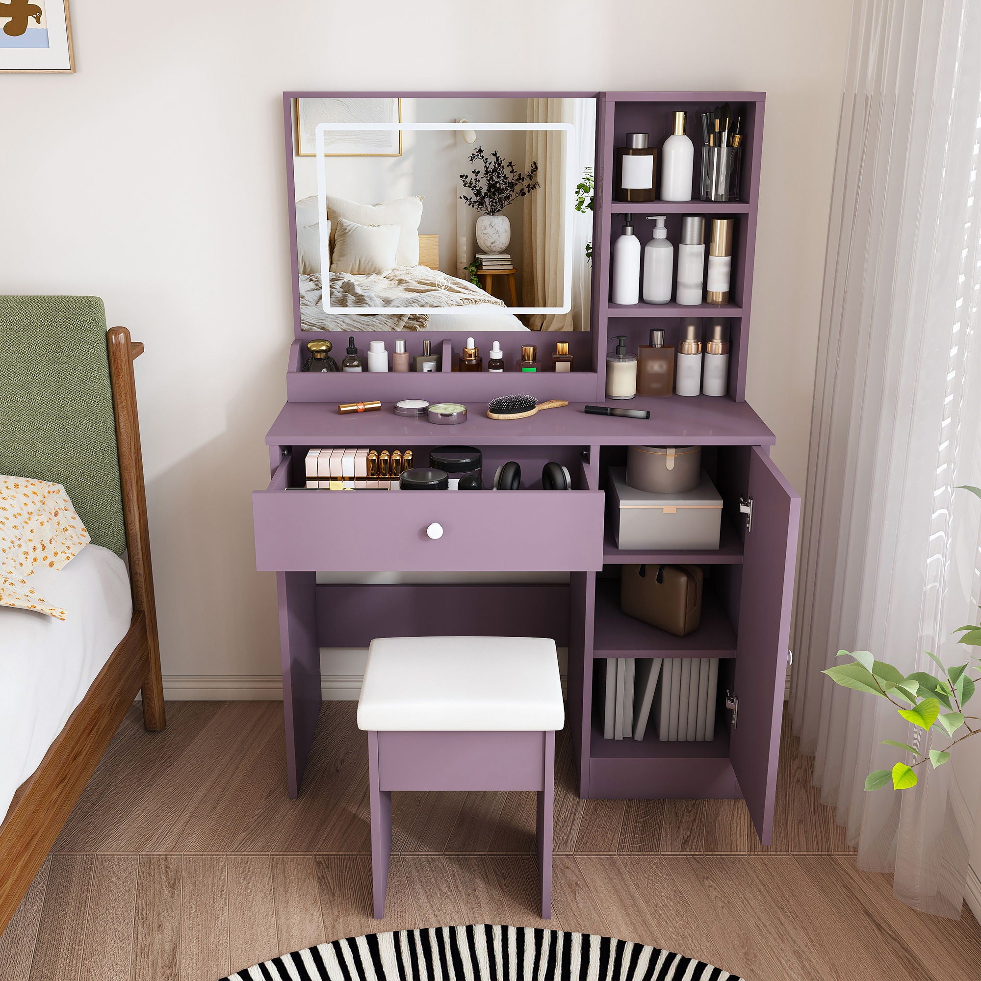 Vanity Desk Set With Padded Stool & Adjustable LED Mirror, 3 Color Mode Lighting, Compact For Bedroom - Purple