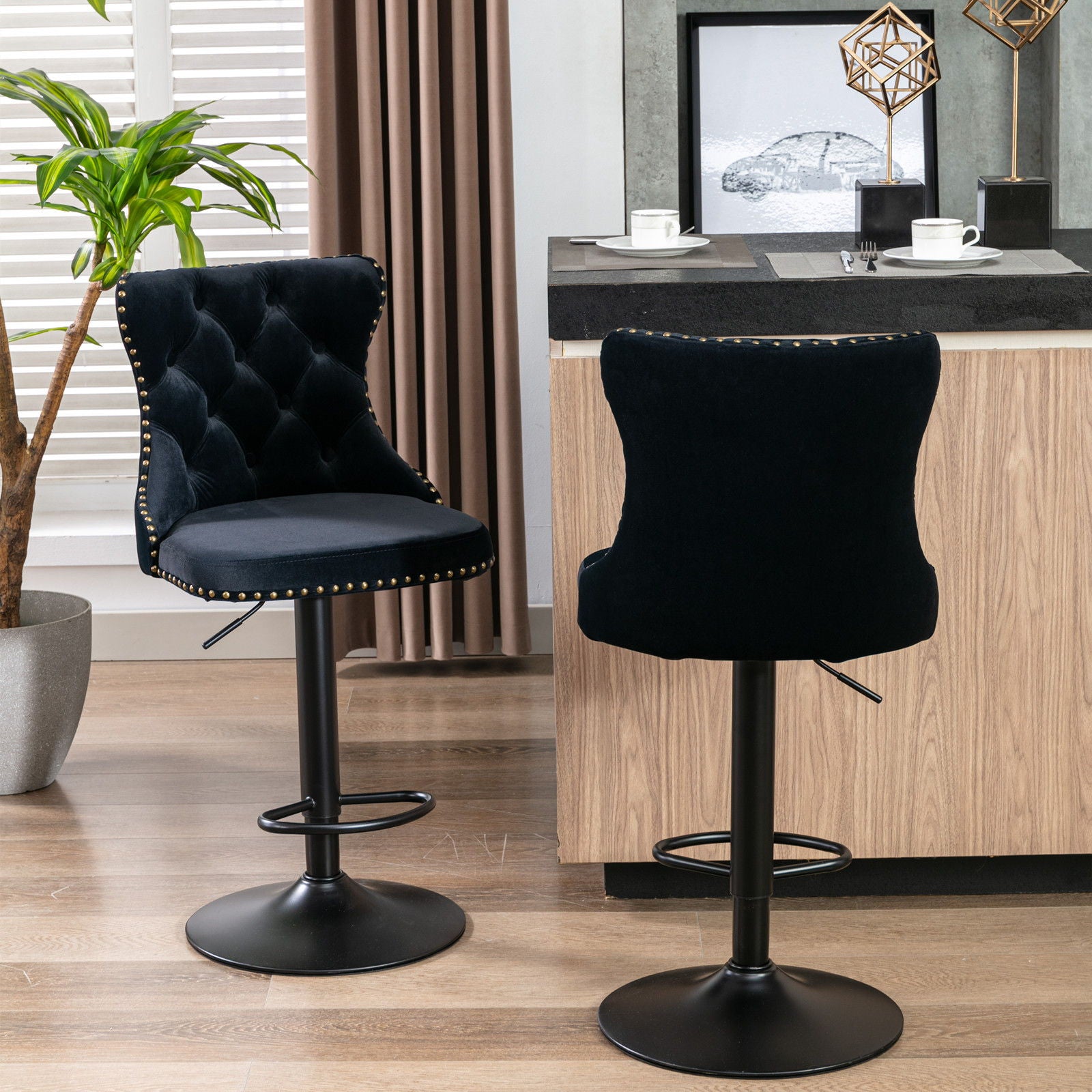 Swivel Barstools Adjusatble Seat Height, Modern Upholstered Bar Stools With Backs Comfortable Tufted For Home Pub And Kitchen Island (Set of 2)
