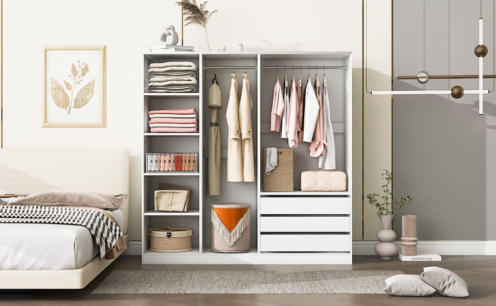 Doorless Storage Wardrobe For Dedroom With Shelves And 3 Drawers - White