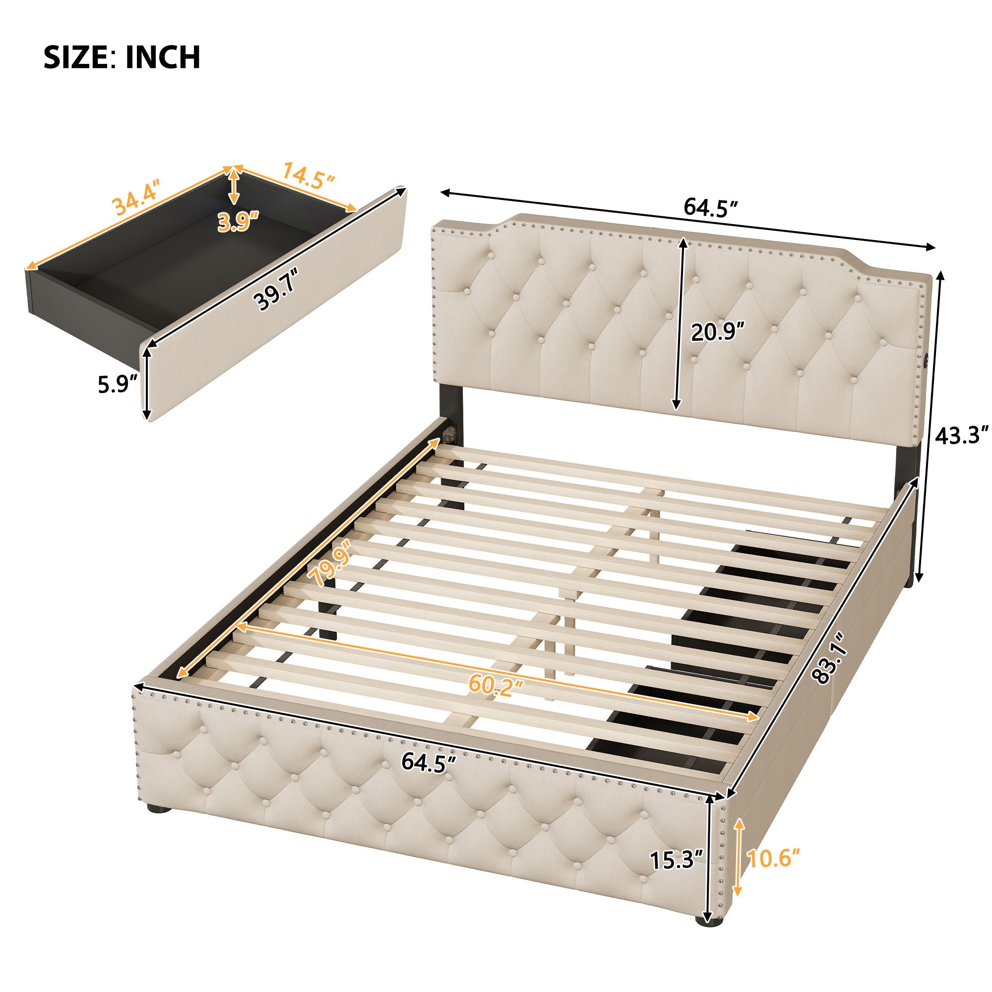 Upholstered Platform Bed With 2 Drawers And 2 Sets Of USB Ports On Each Side, Fabric