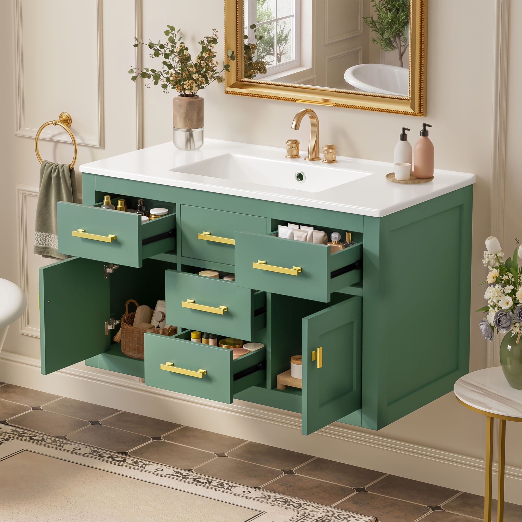 Wall Mounted Bathroom Cabinet With Sink, Multiple Drawers And Doors - Green