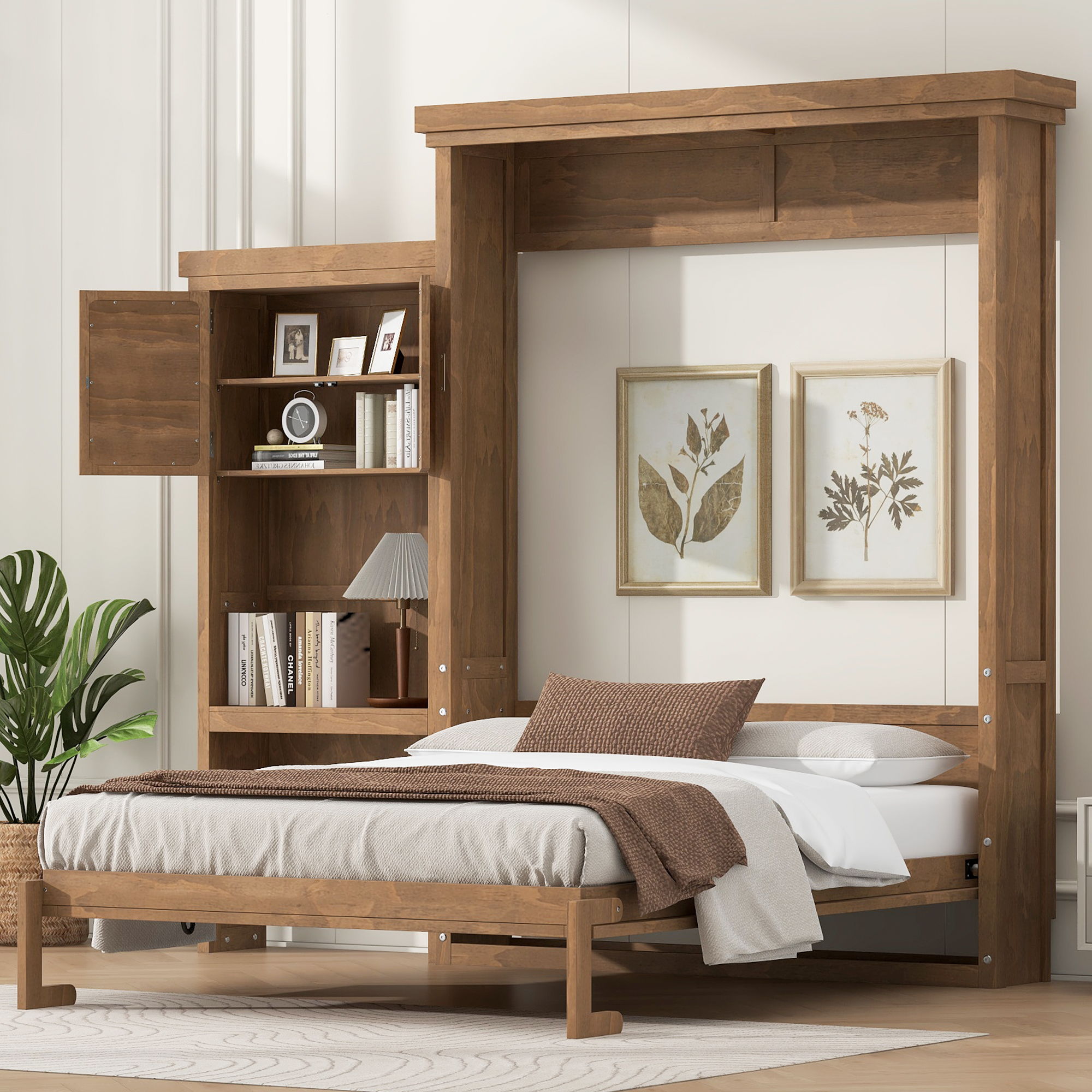 Queen Size Murphy Bed With Louvered Design And Multiple Storage Shelves - Wood