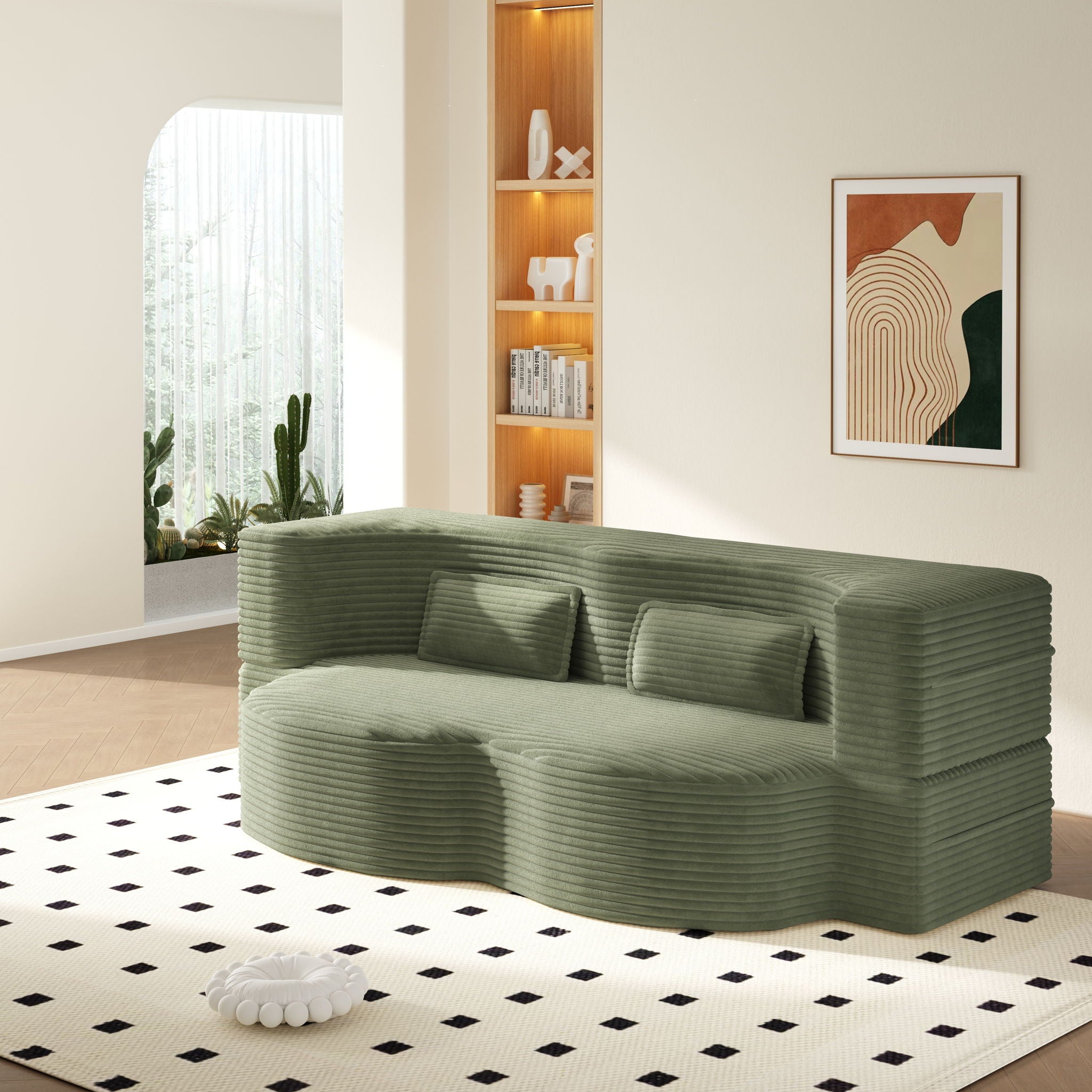 Modern Floor Sofa With 2 Pillows, Convertible Twin Size Folding Mattress For Living Room