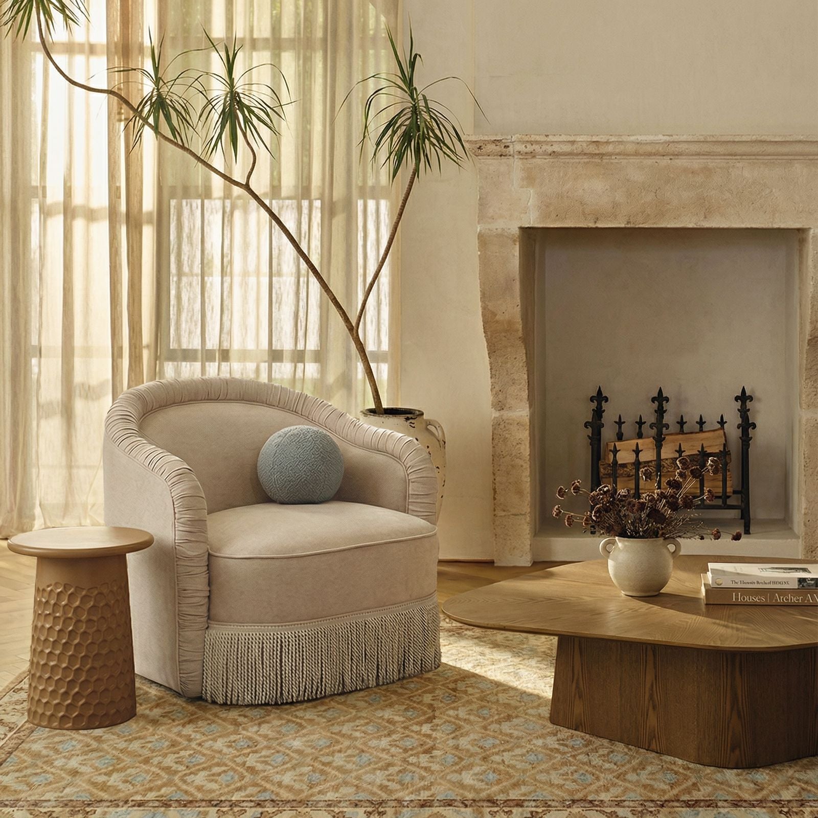 Pamela - Chenille Tassel Lounge Chair - Tan