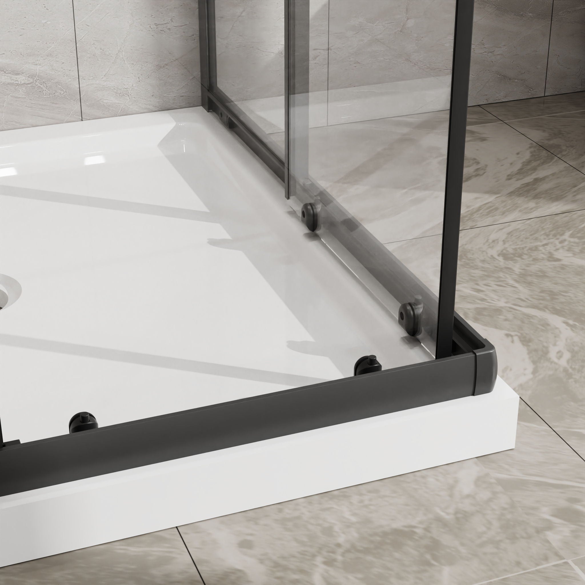 Corner Shower Enclosure, Double Sliding Door & Shower Base - Matte Black