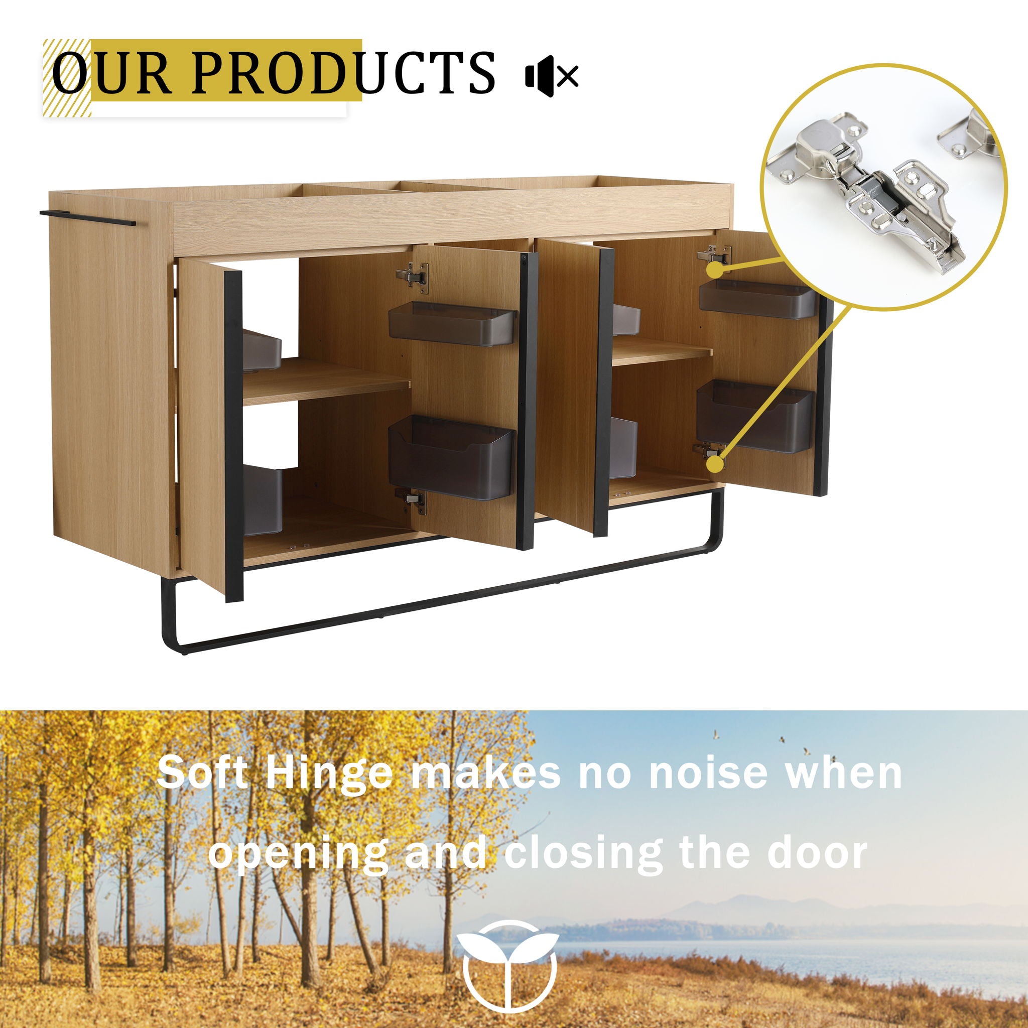 58" Freestanding Bathroom Cabinet With 4 Soft Close Doors & 3 Open Racks (Vanity Only, No Sink) - Oak