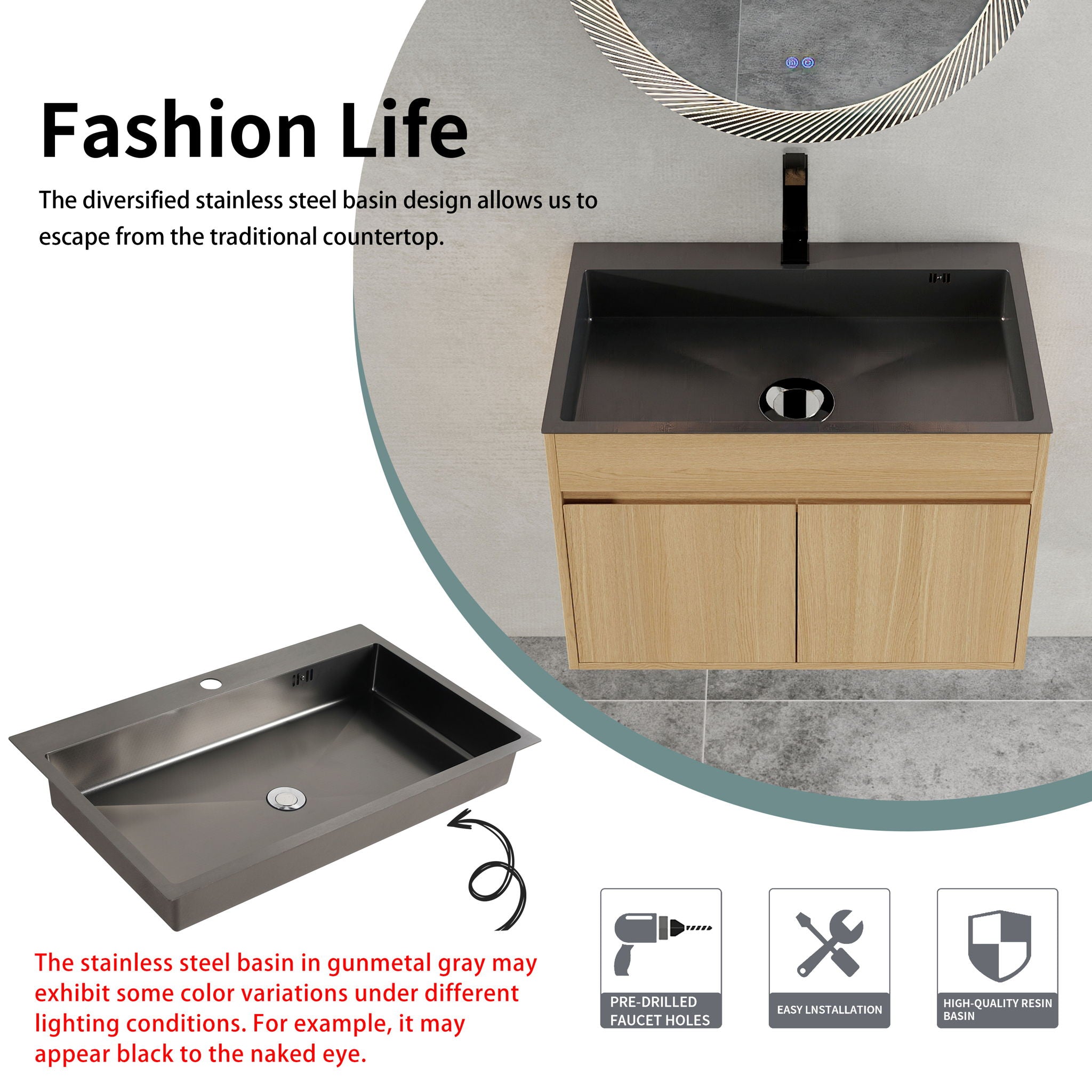 28" Wall Mounted Bathroom Vanity With Stainless Steel Sink, Soft Close Doors - Oak