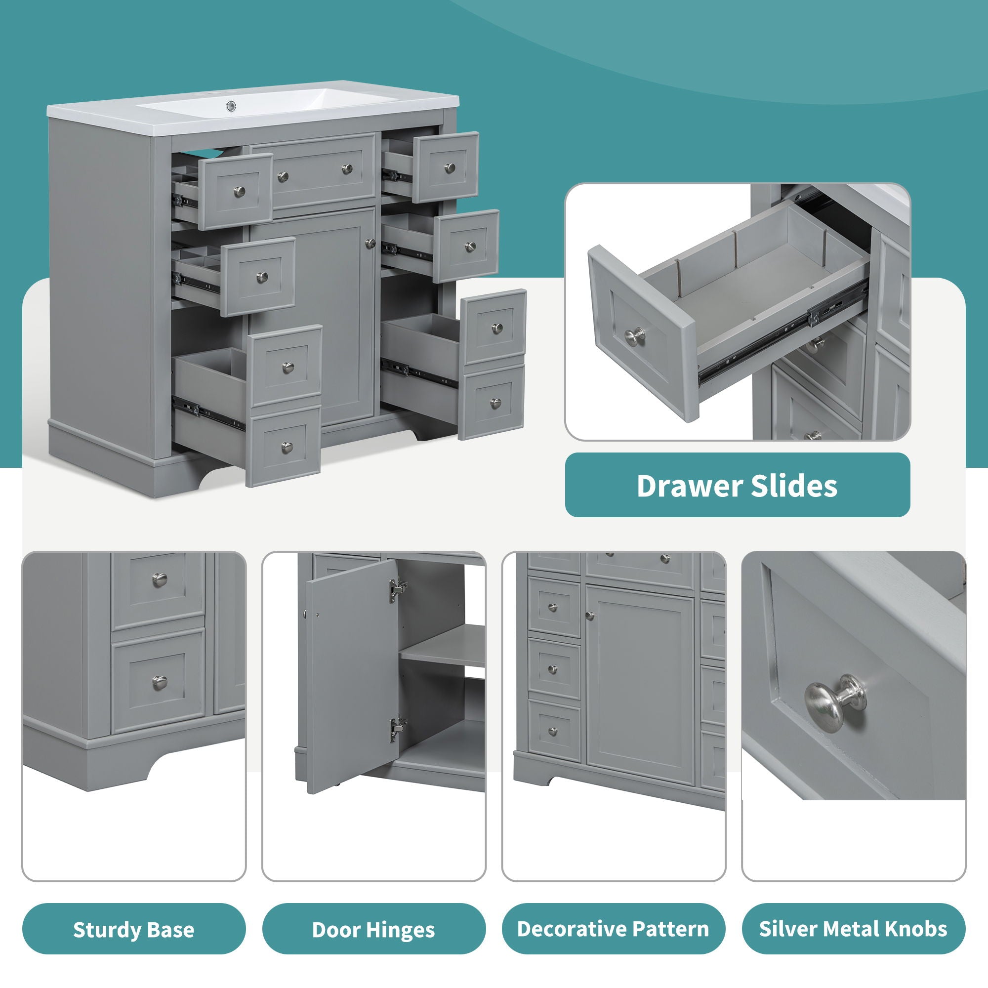 Modern Bathroom Vanity With Sink Combo, 6 Drawers And 1 Cabinet