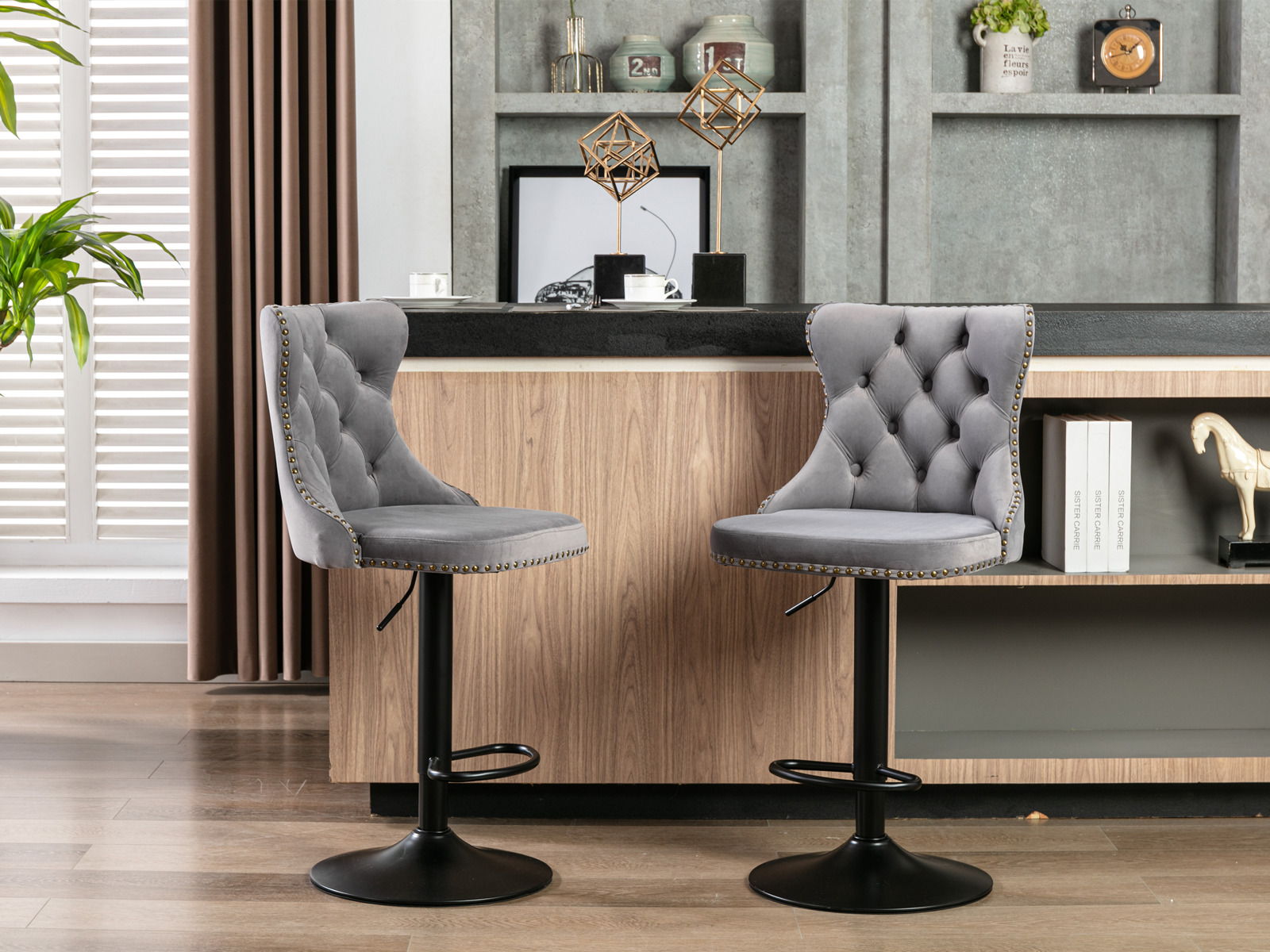 Swivel Barstools Adjusatble Seat Height, Modern Upholstered Bar Stools With Backs Comfortable Tufted For Home Pub And Kitchen Island (Set of 2)