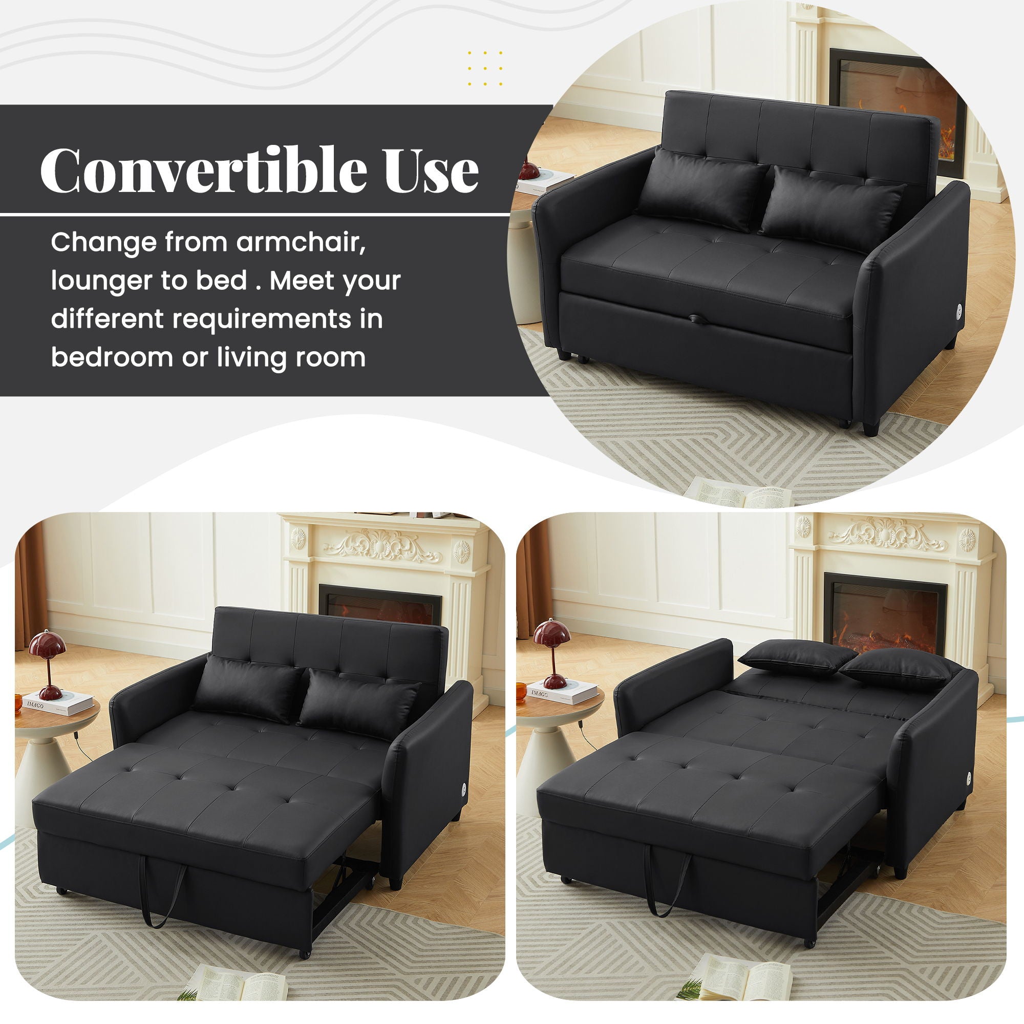 Convertible Sleeper Sofa Bed With 3 USB Ports