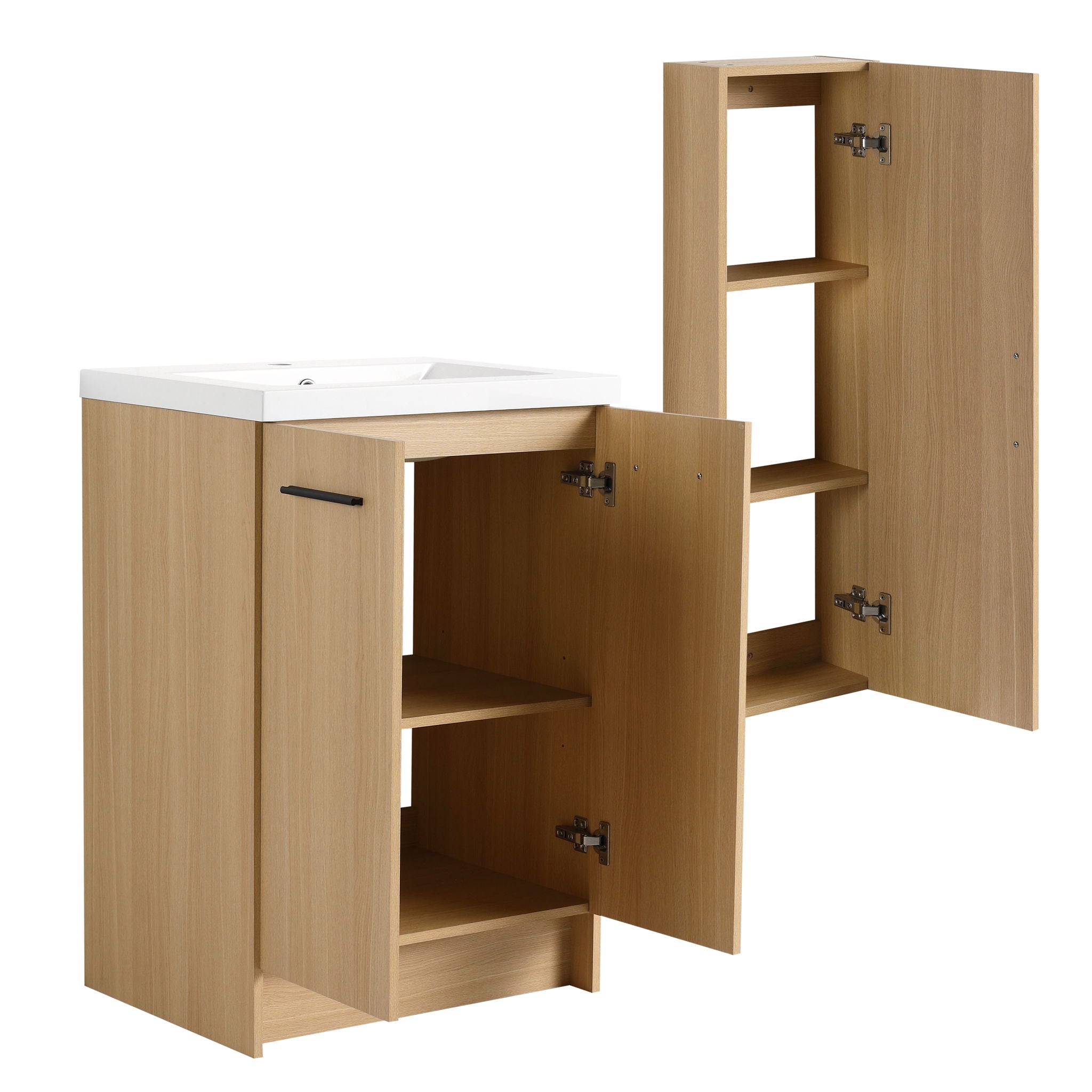 Freestanding Bathroom Vanity Set With Tall Linen Cabinet, Single Sink, Extra Storage, Soft Close Doors - Glossy White / Light Oak