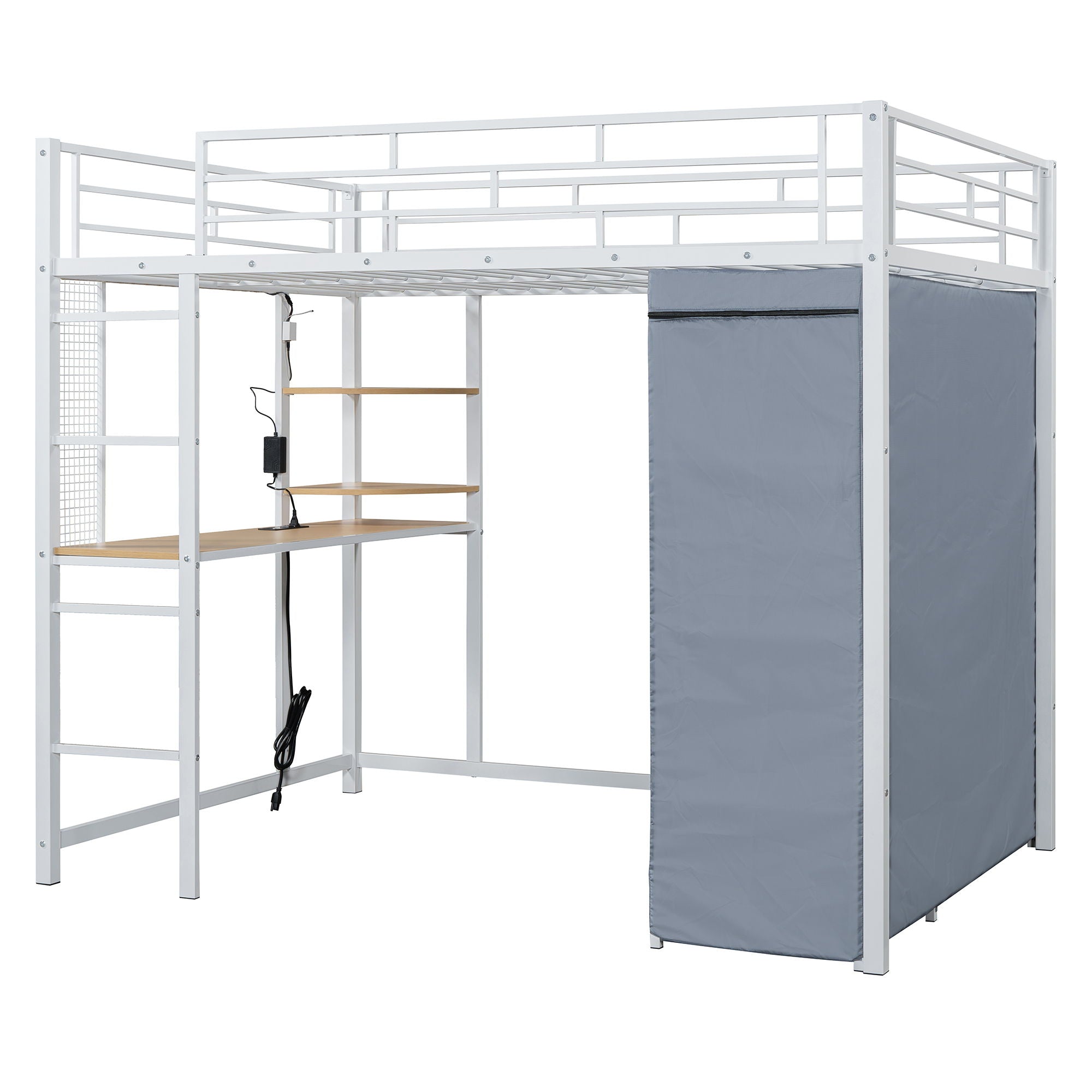 Full Size Loft Bed With Desk, Shelves, Power Outlet, LED Light And Wardrobe - White