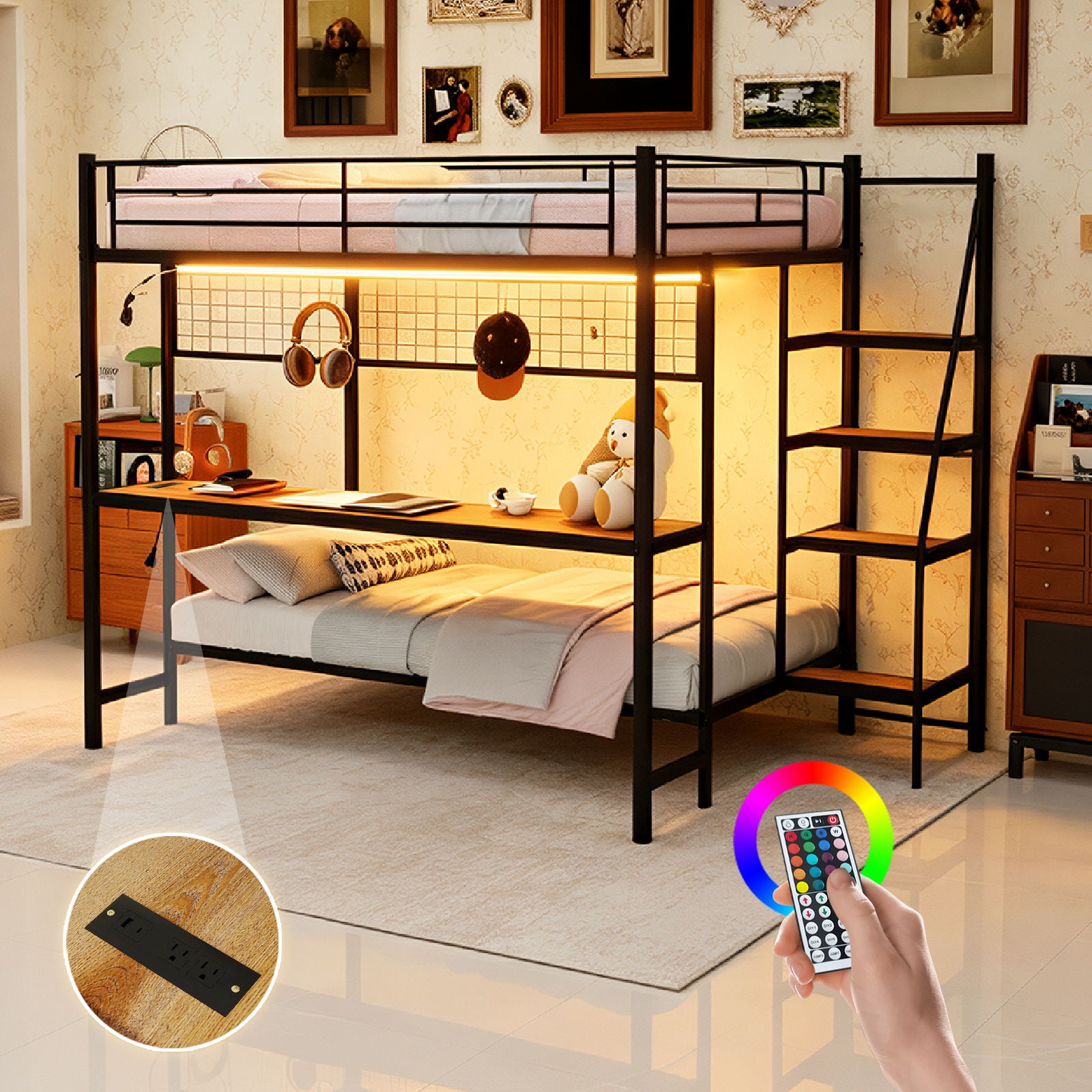 Bunk Bed With Built In Desk And LED Lighting