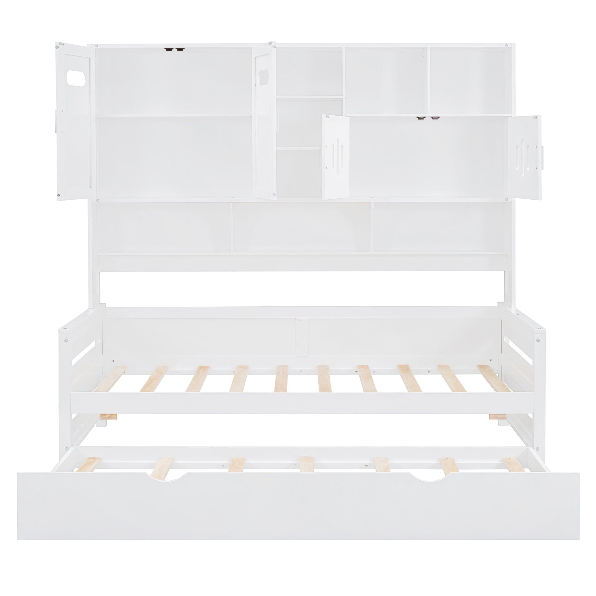 Twin Size Wooden Daybed With Twin Size Trundle, And All In One Cabinet And Shelf - White