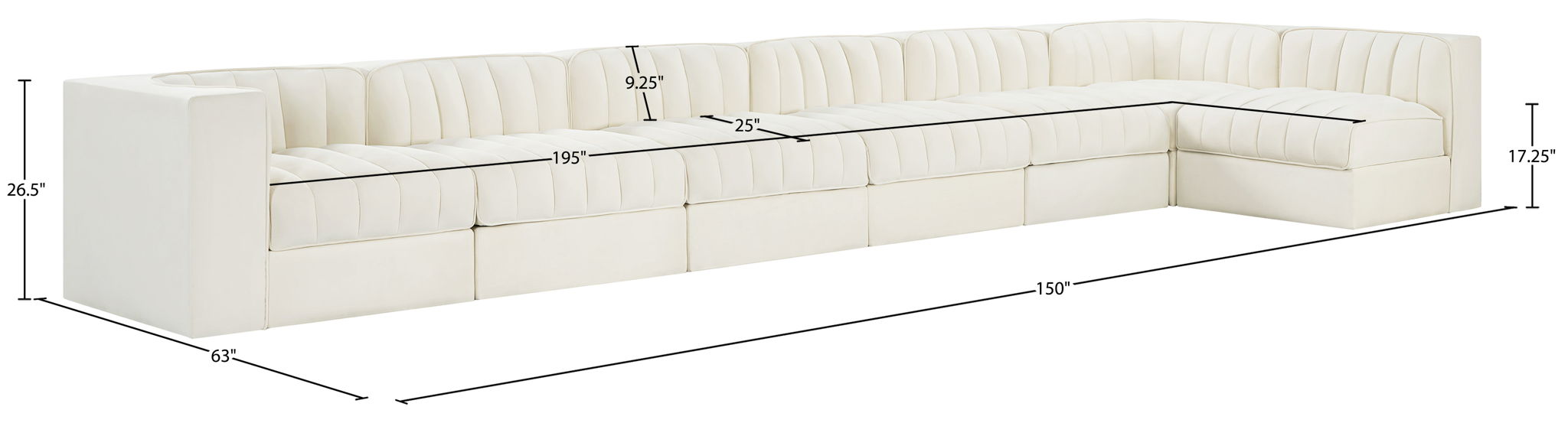 Rummi - Velvet Performance Fabric Upholstered 7 Piece Modular Sectional, L-Shaped (Right)