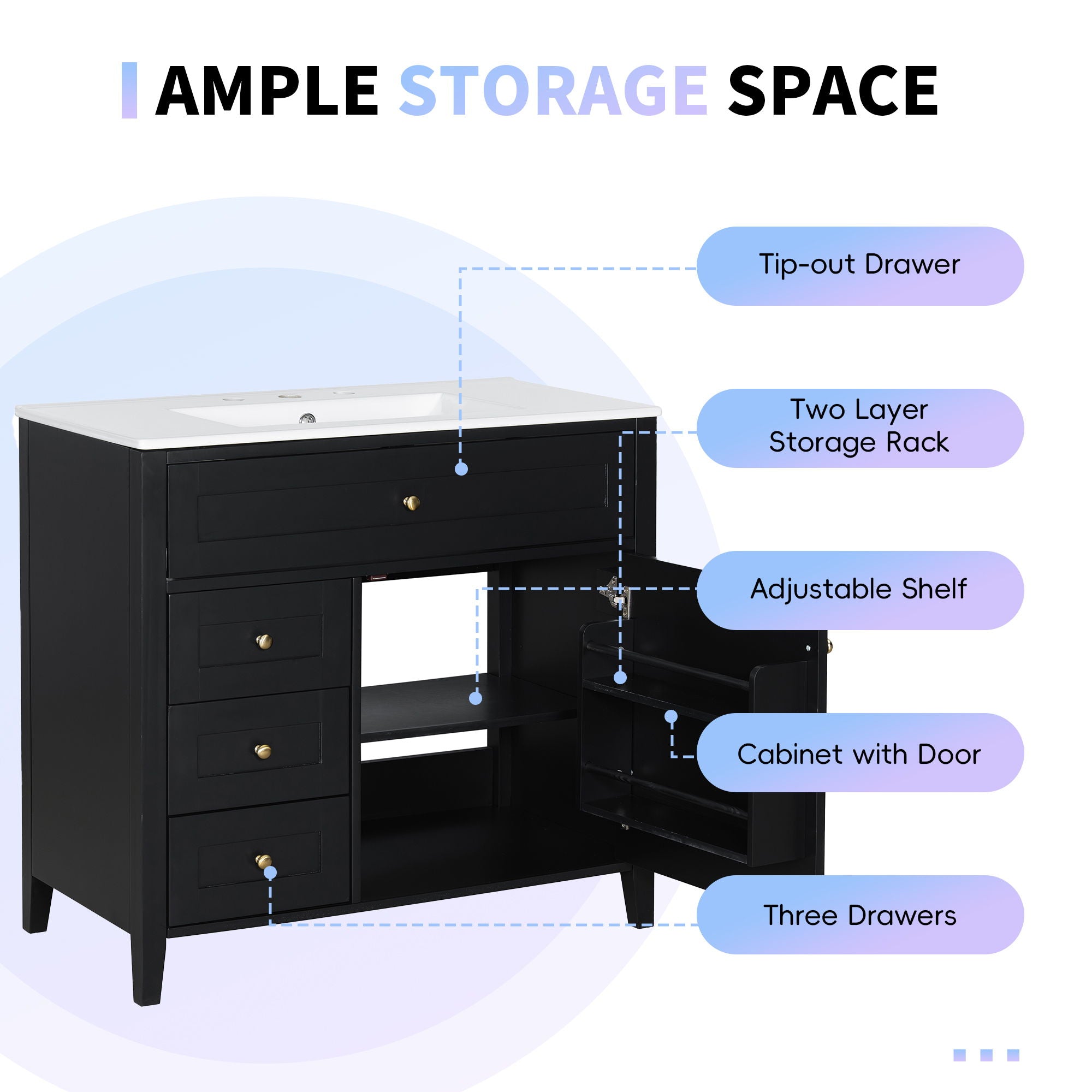 Bathroom Vanity With Sink, 3 Drawers & Cabinet With Adjustable Shelves