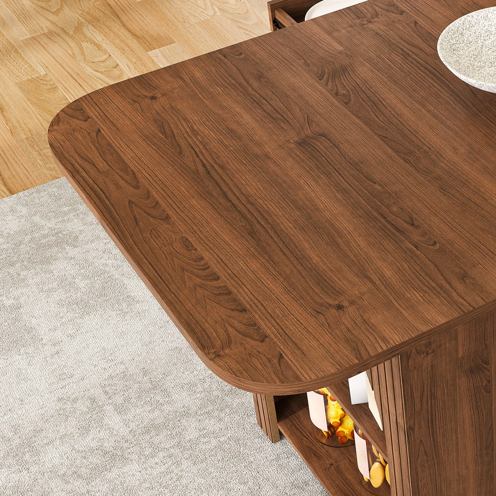 Dining Set With 4 Chairs, Table With Drawers & Open Shelf - Walnut