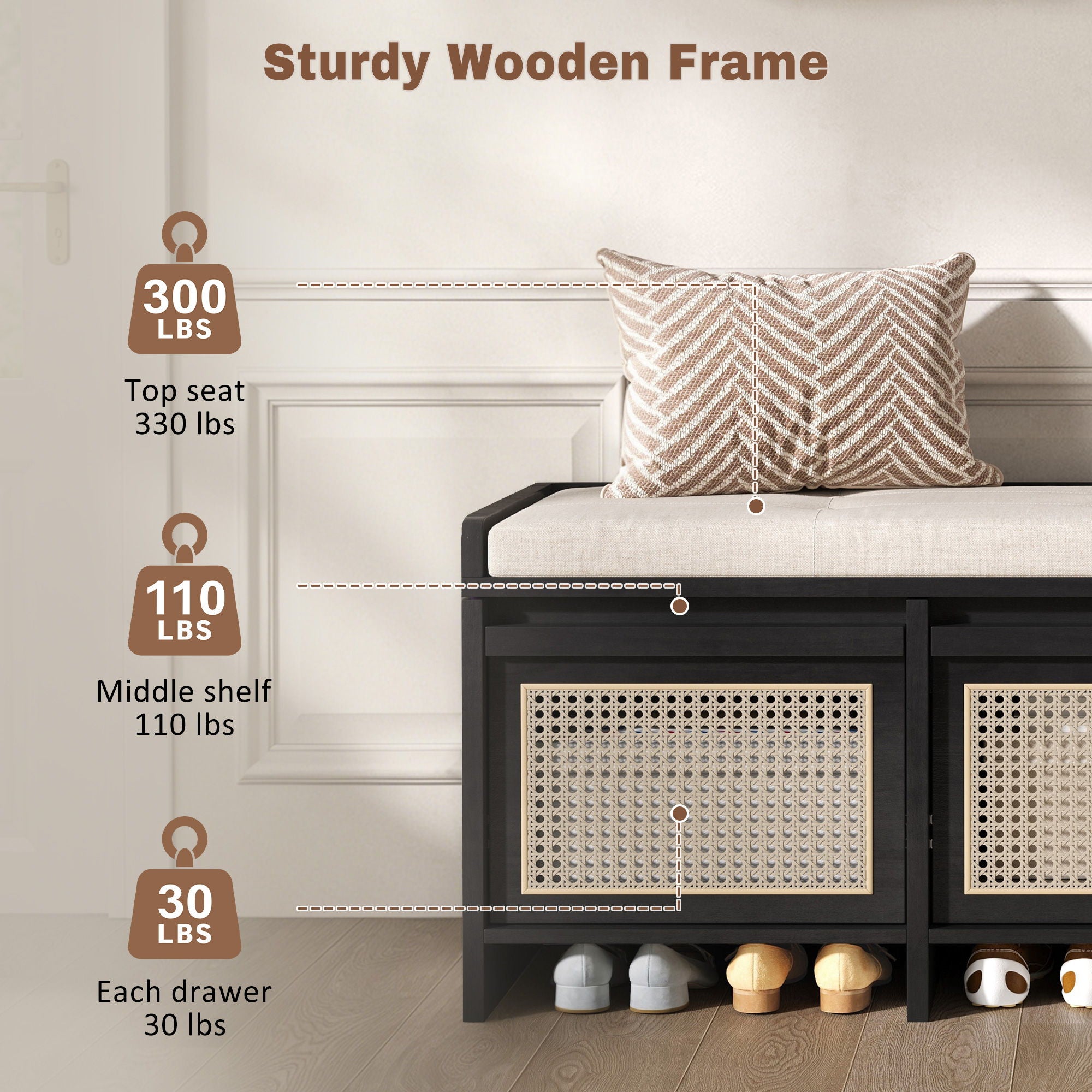 Entryway Shoe Bench With Drawers & Button Tufted Cushion