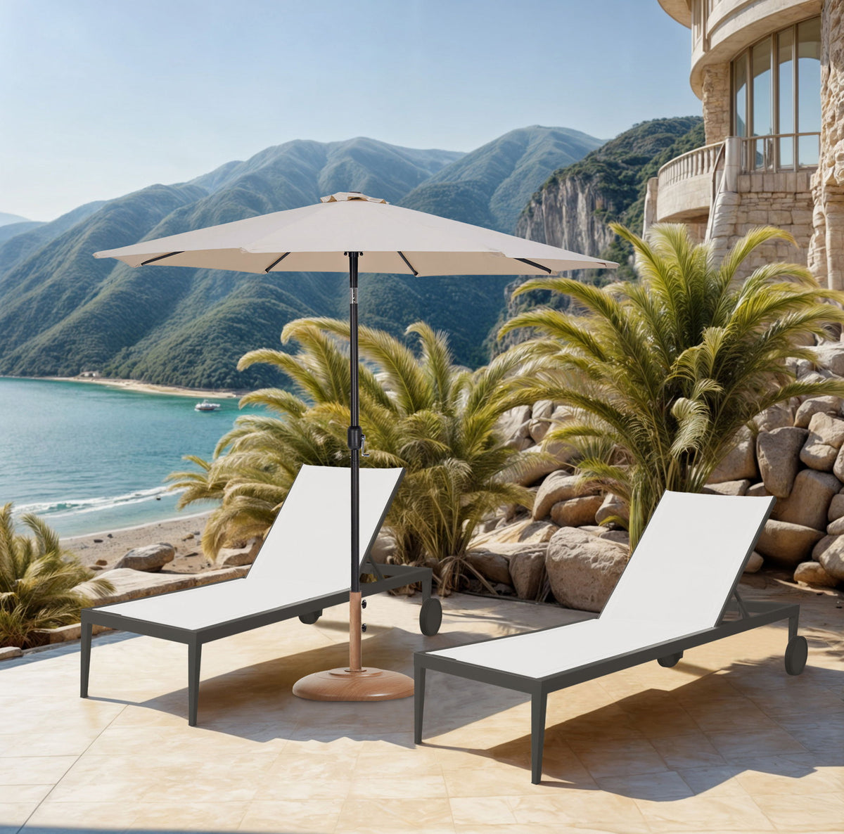 Fiji - Aluminum Patio Umbrella With Round Teak And Black Base