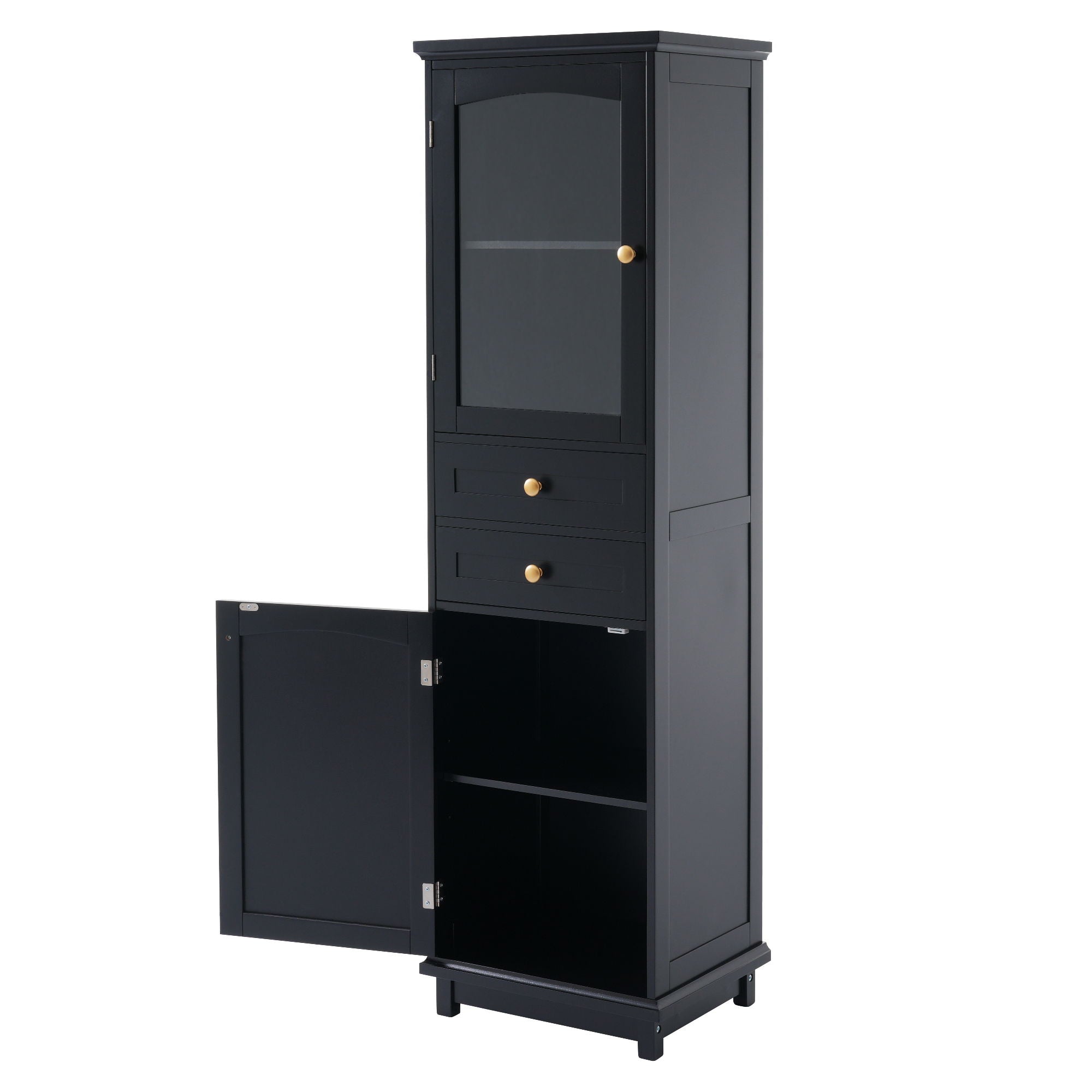 Tall Bathroom Storage Cabinet With Glass Doors, Free-Standing, Two Drawers, And Adjustable Shelves, Board, Painted Perfect For Displaying Your Favorite Items