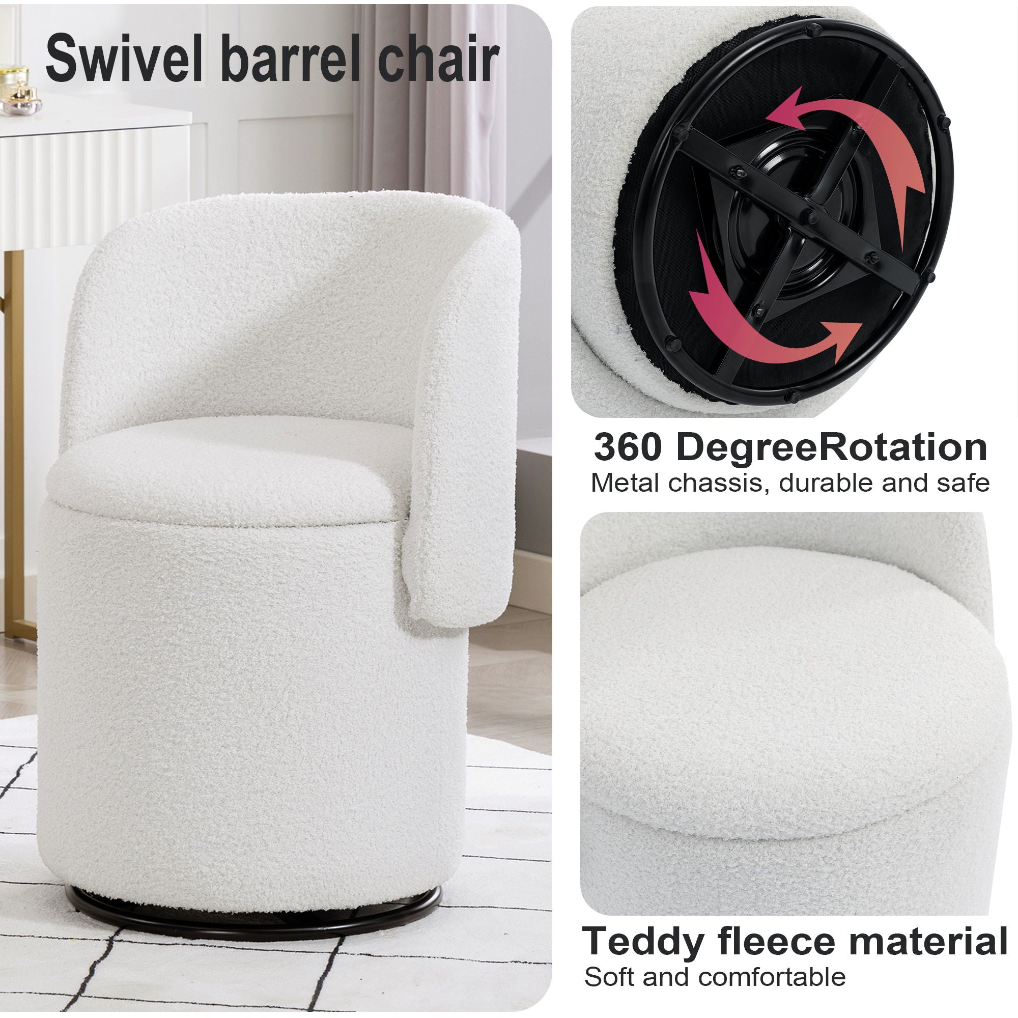 Barrel Chair & Built In Storage, 360° Swivel - Beige