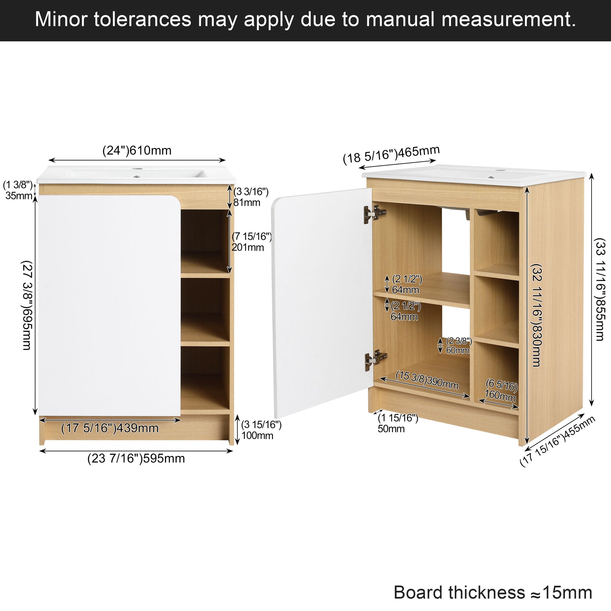 Freestanding Bathroom Vanity With Thin Rim Sink, Single Door With 4 Tier Open Shelves - Light Oak / White