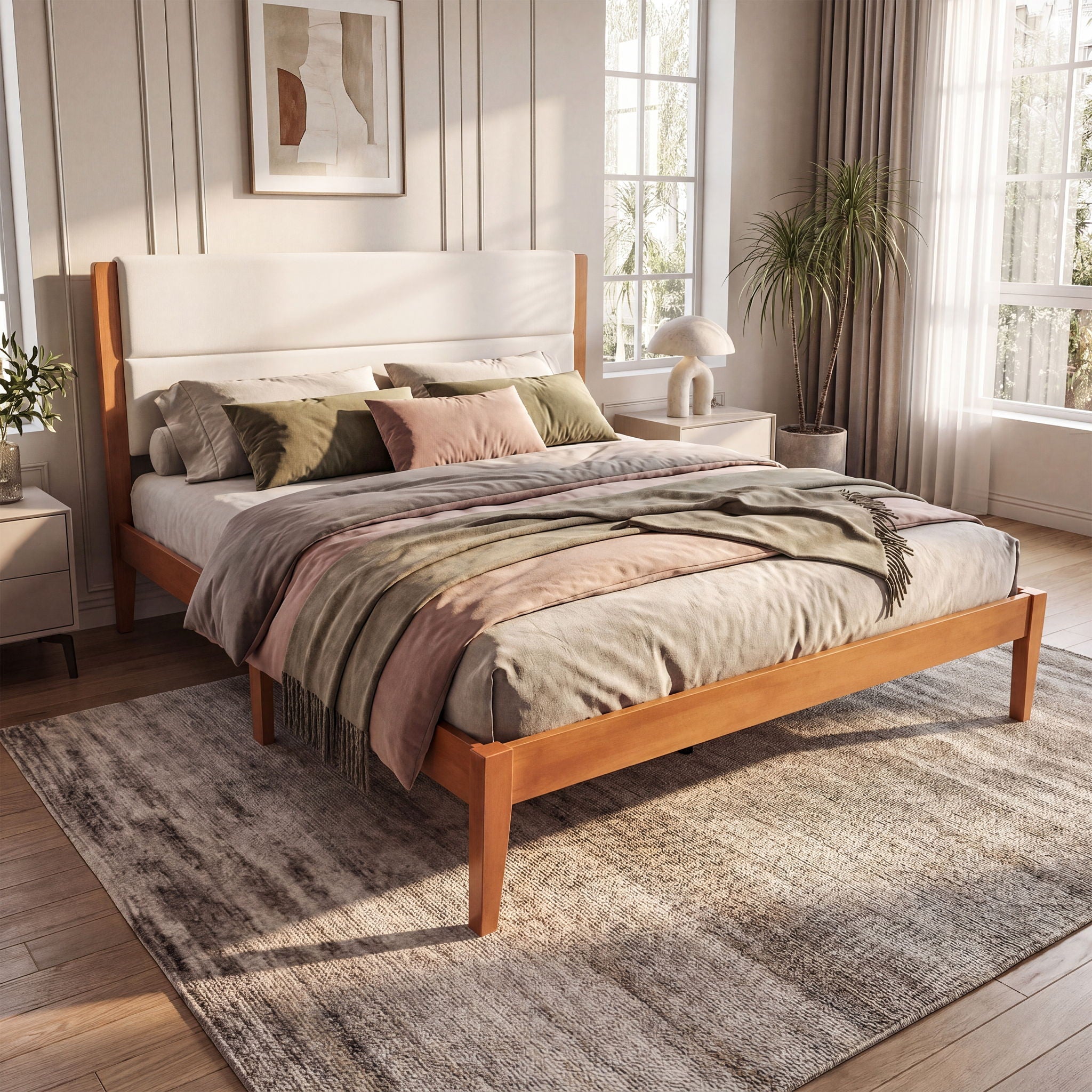 Platform Bed Frame With Upholstered Headboard, Slat Support