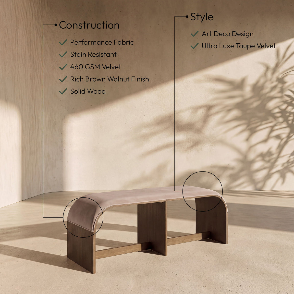 Sable - 52" Velvet Performance Fabric Upholstered Bench