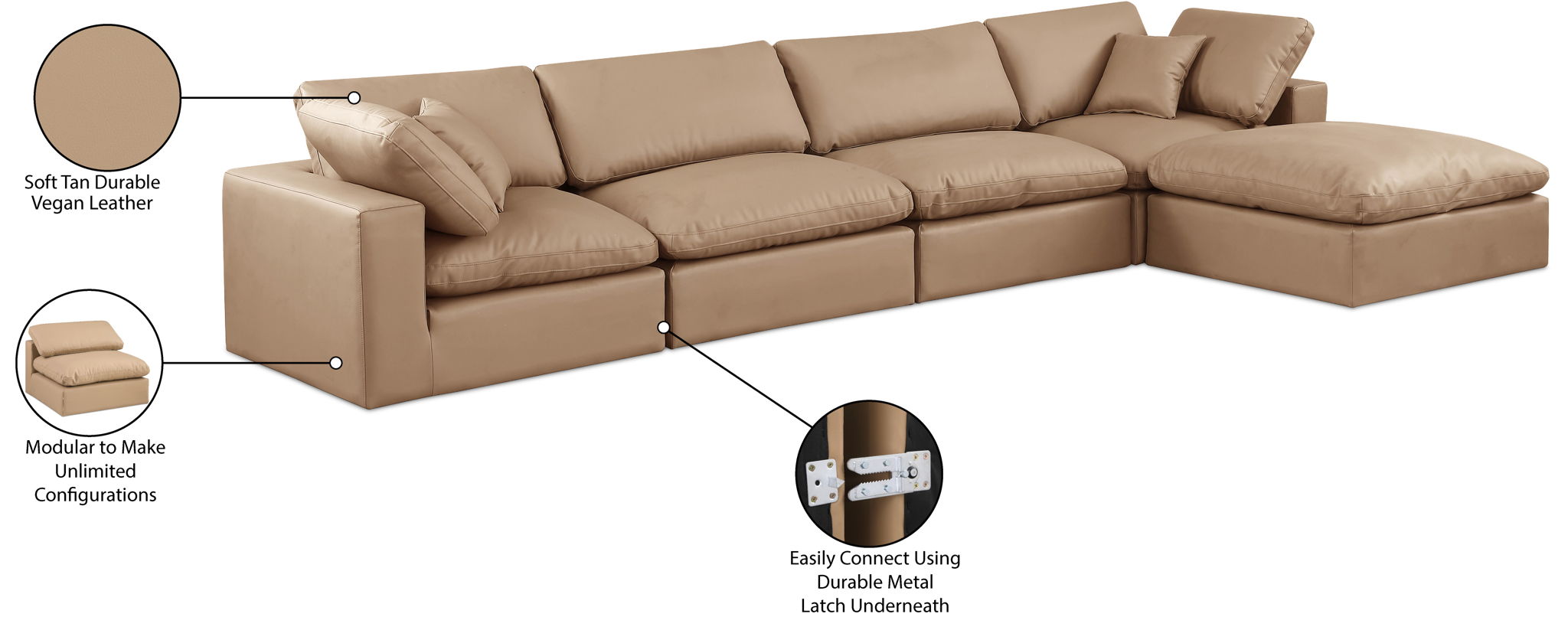 Comfy - 5 Piece Faux Leather Modular Sectional With Chaise - Tan