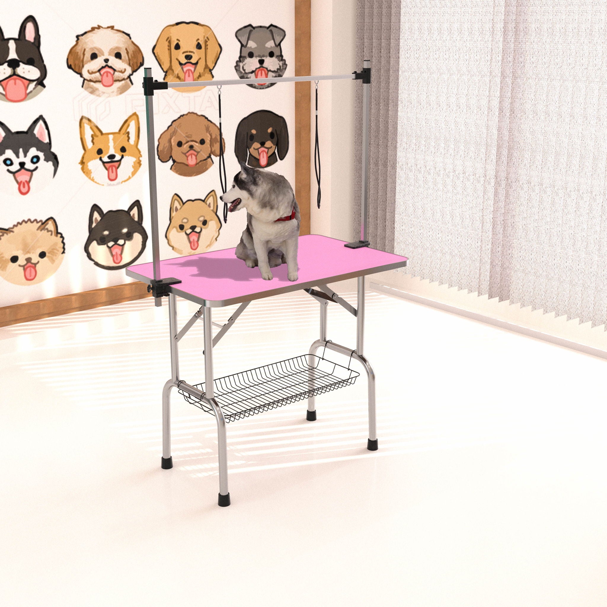 Folding Dog Pet Grooming Table Stainless Steel Frame Rubber Mat On Board With Adjustable Arm And Clamps Pet Dog Cat Grooming Table