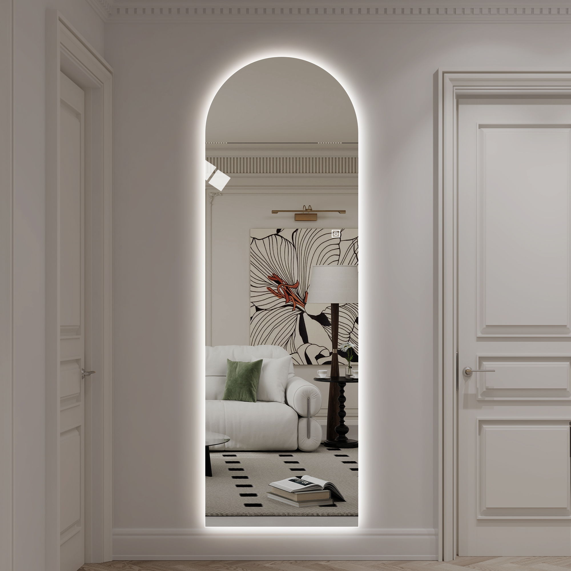 LED Full Length Wall Mirror With Symmetrical Arch Design, 3 Color Dimmable Lighting - Silver