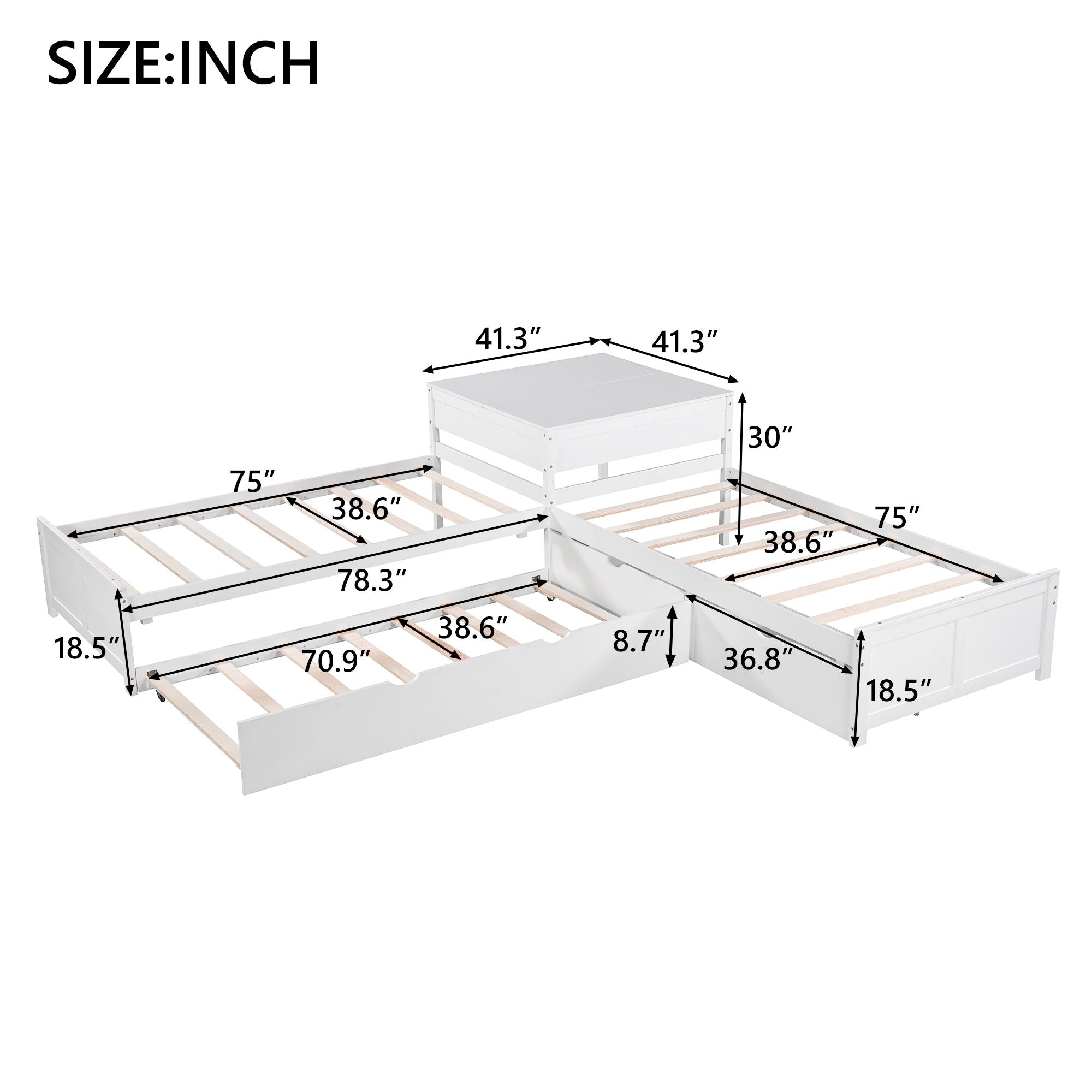 L Shaped Platform Bed With Trundle And Drawers Linked With Built In Desk