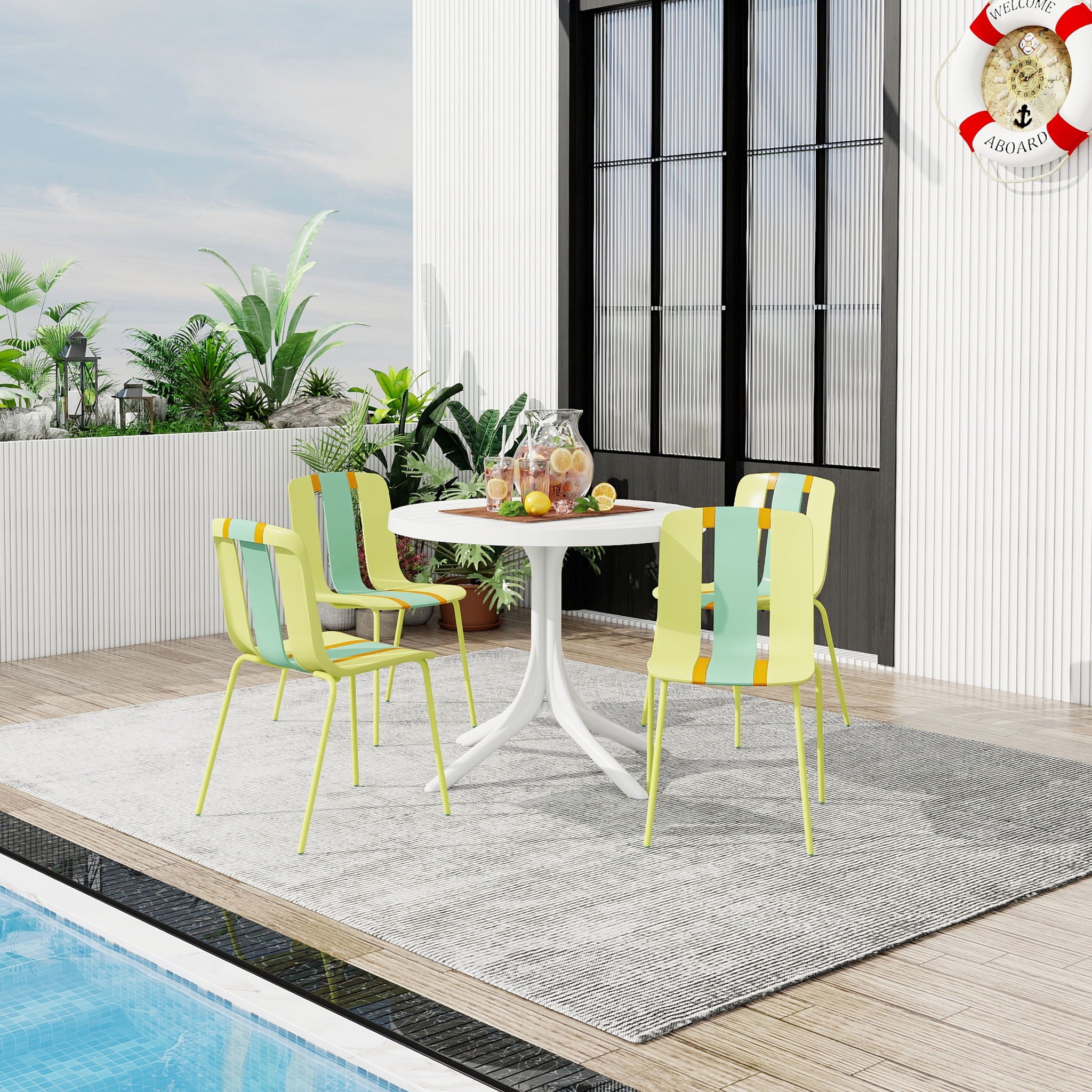 4 Piece Set Of Color Block Designed Single Chairs With Round Table - Grain Yellow / Haze Green / Tropical Orange / White