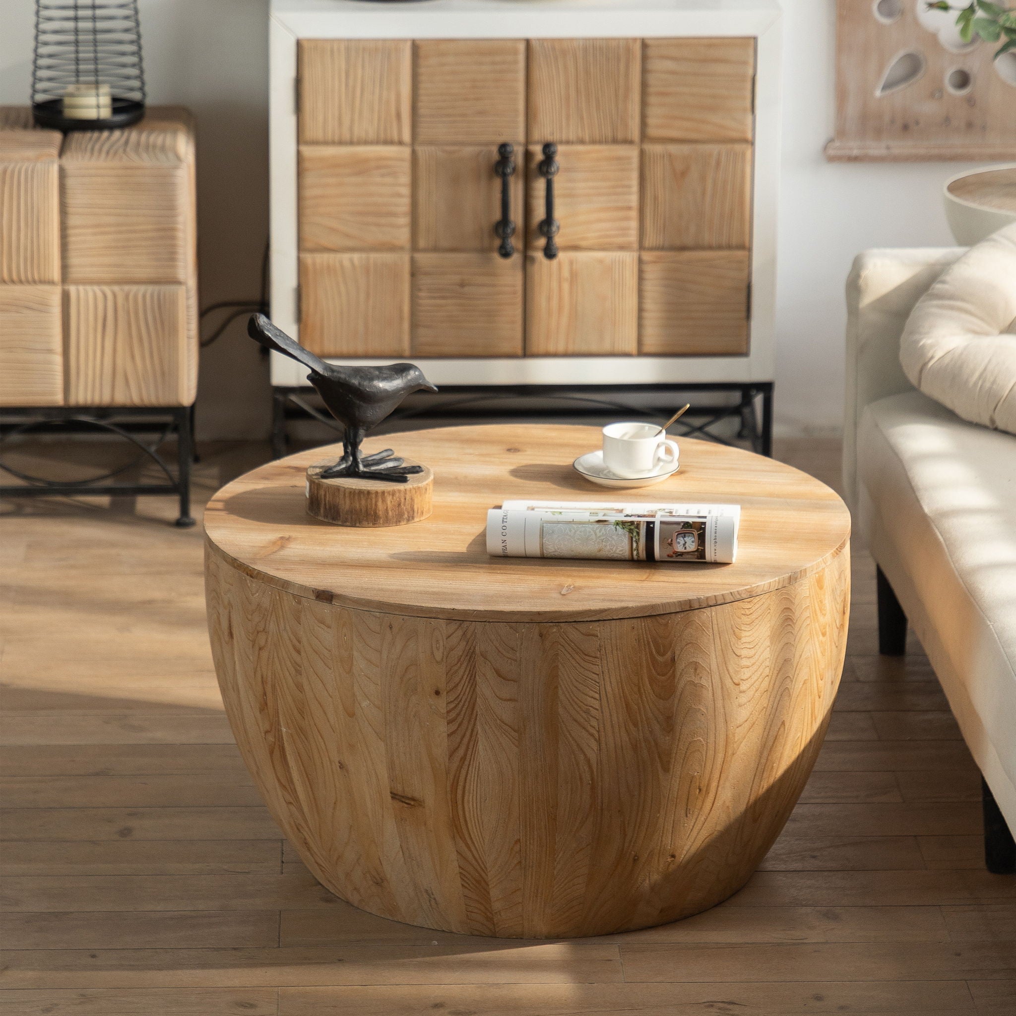 Barrel Coffee Table With Storage For Living Room - Natural