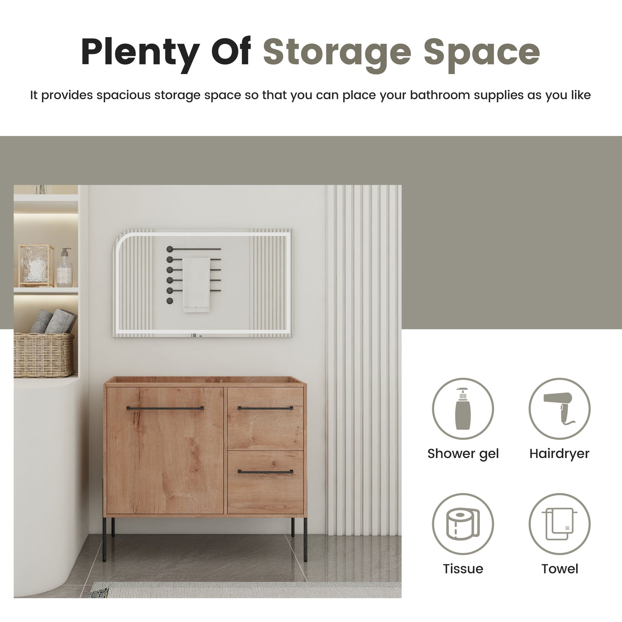 35" Freestanding Bathroom Vanity With Soft Close Doors And 2 Drawers (Vanity Only) - Imitative Oak