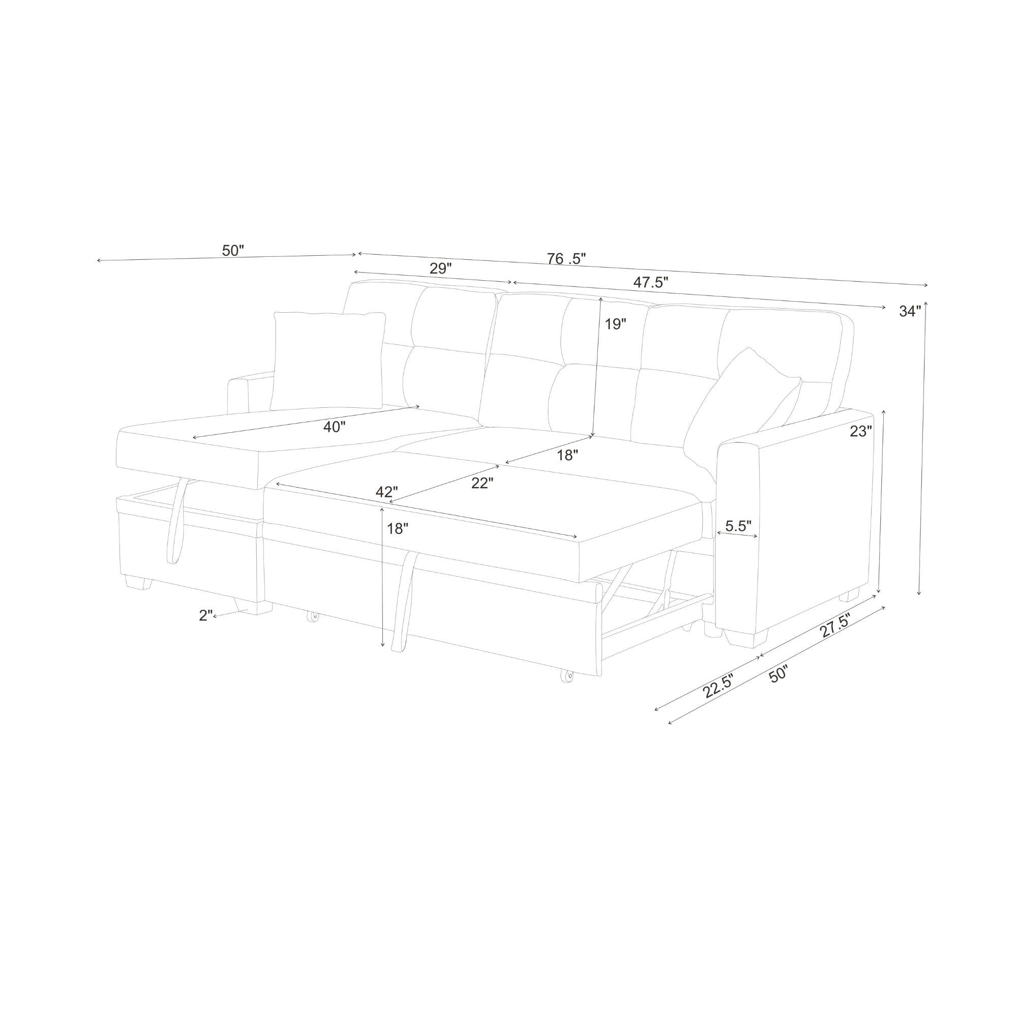 Upholstered Sectional With Pull Out Bed And Chaise Storage