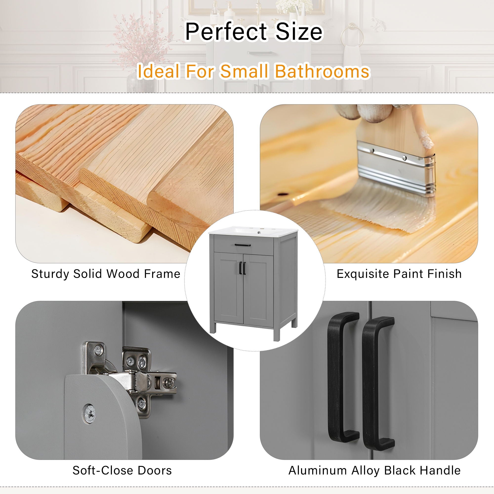 Bathroom Vanity With Ceramic Sink, Soft Close Doors, Flip Drawer, Double Layer Door Shelves