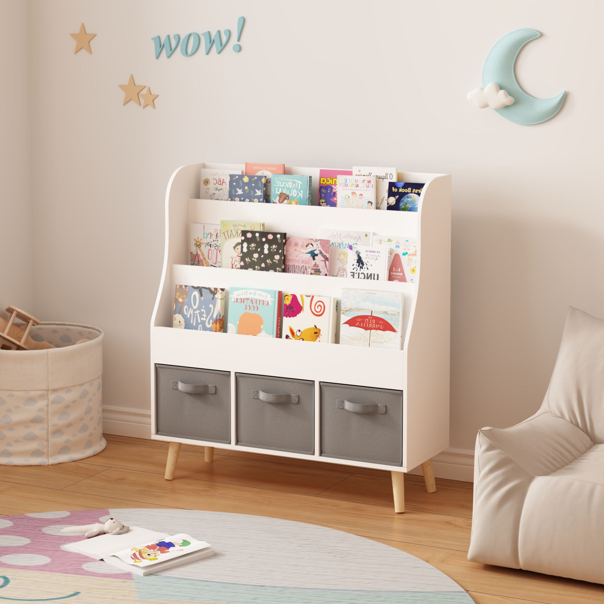 Bookshelf With 3 Bins, Storage Shelf For Toys And Books