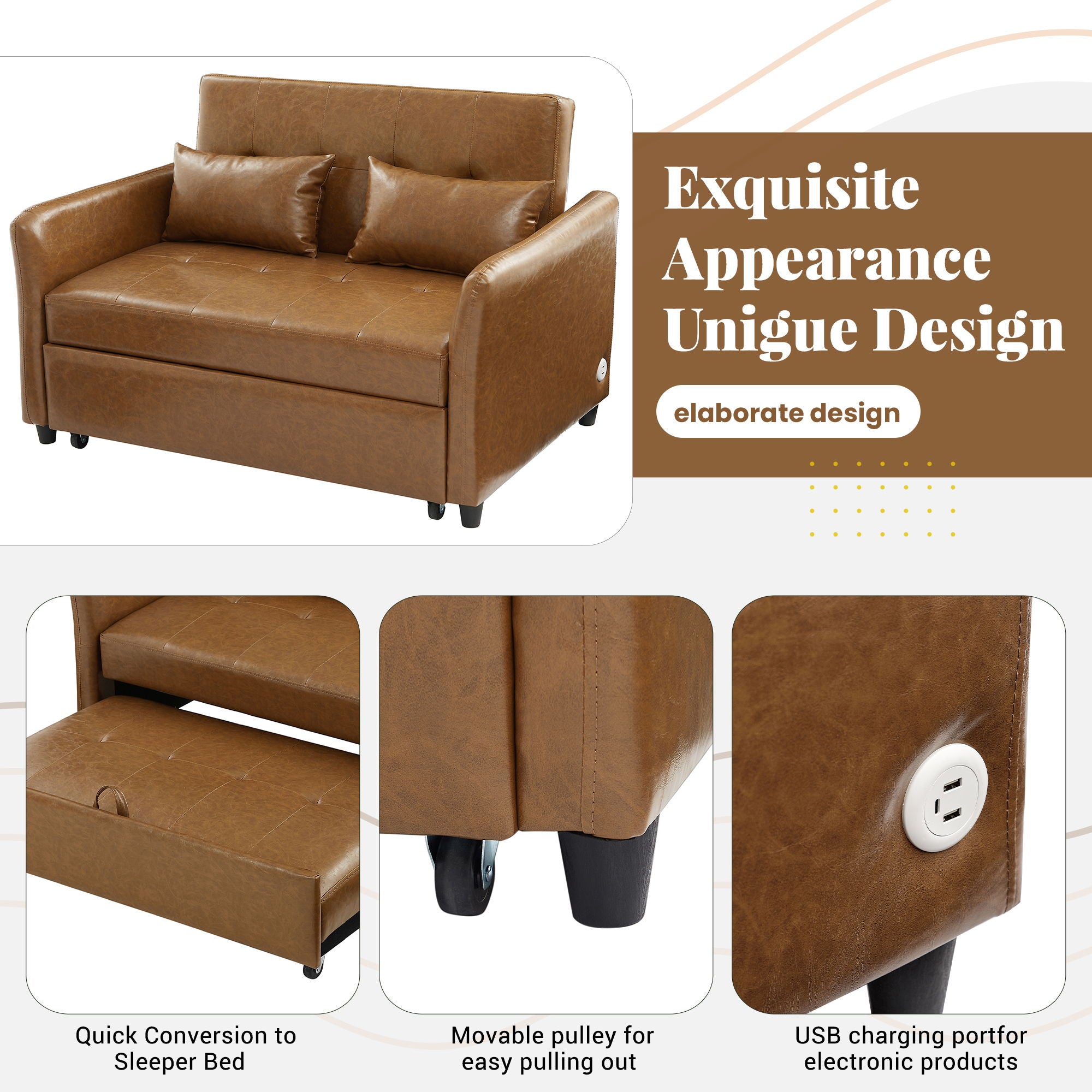 Convertible Sleeper Sofa Bed With 3 USB Ports