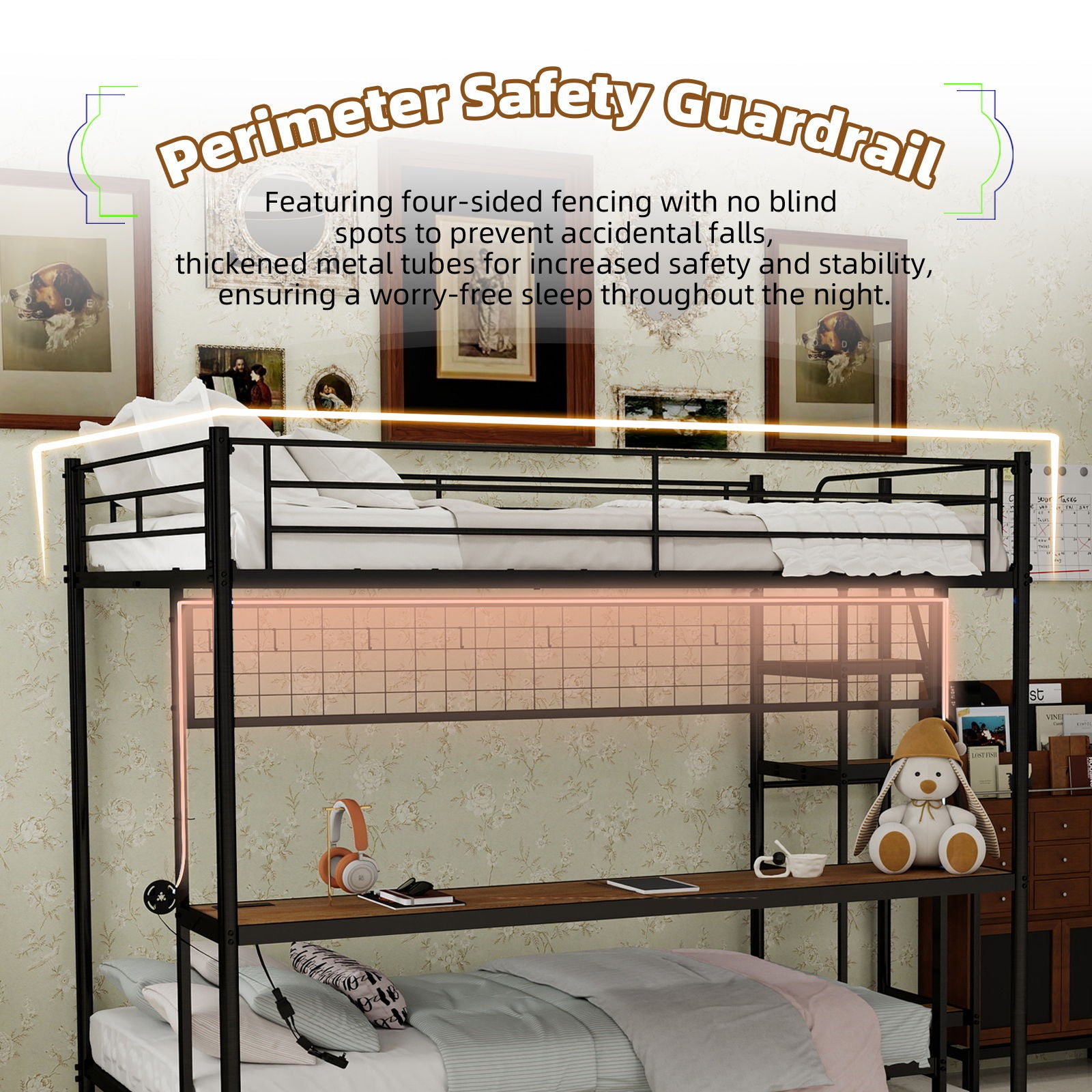 Bunk Bed With Built In Desk And LED Lighting