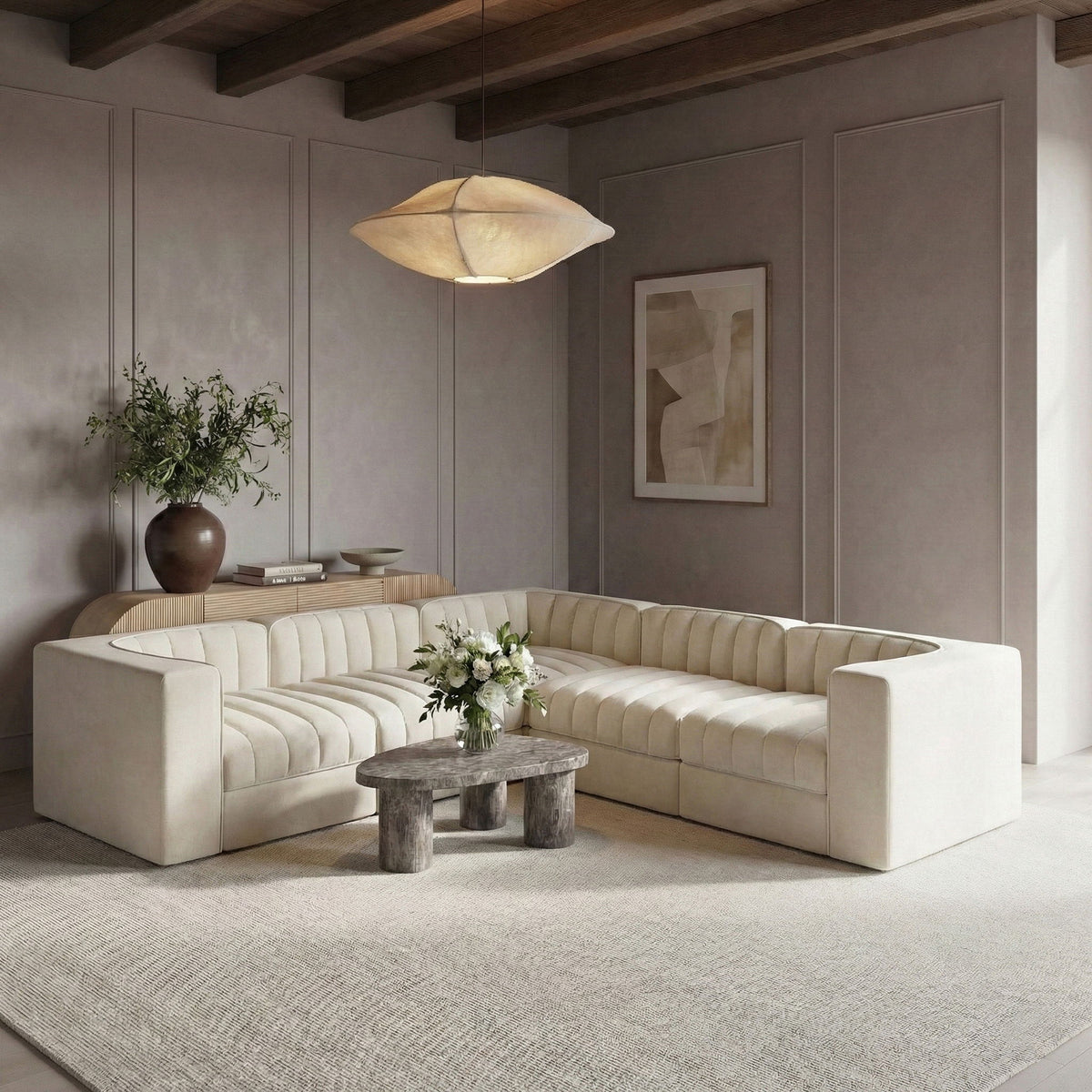 Rummi - Symmetrical Velvet Performance Fabric Upholstered 5 Piece Modular Sectional