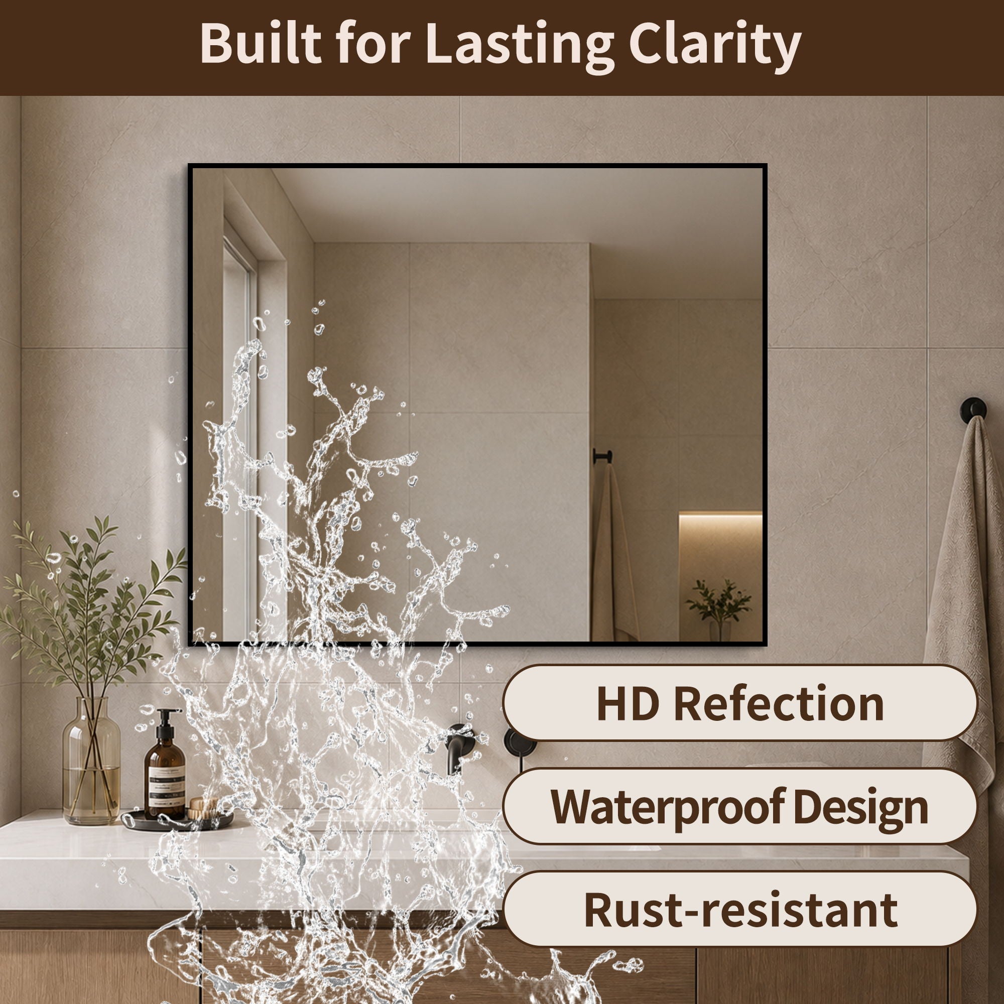 Rectangular Framed Bathroom Wall Mirror, Horizontal Or Vertical Mount