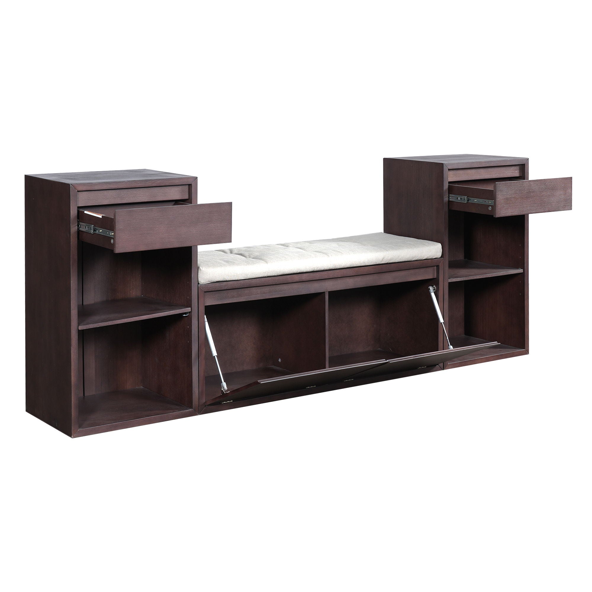Entryway Storage Bench With Cushion, Drawers & Open Shelves