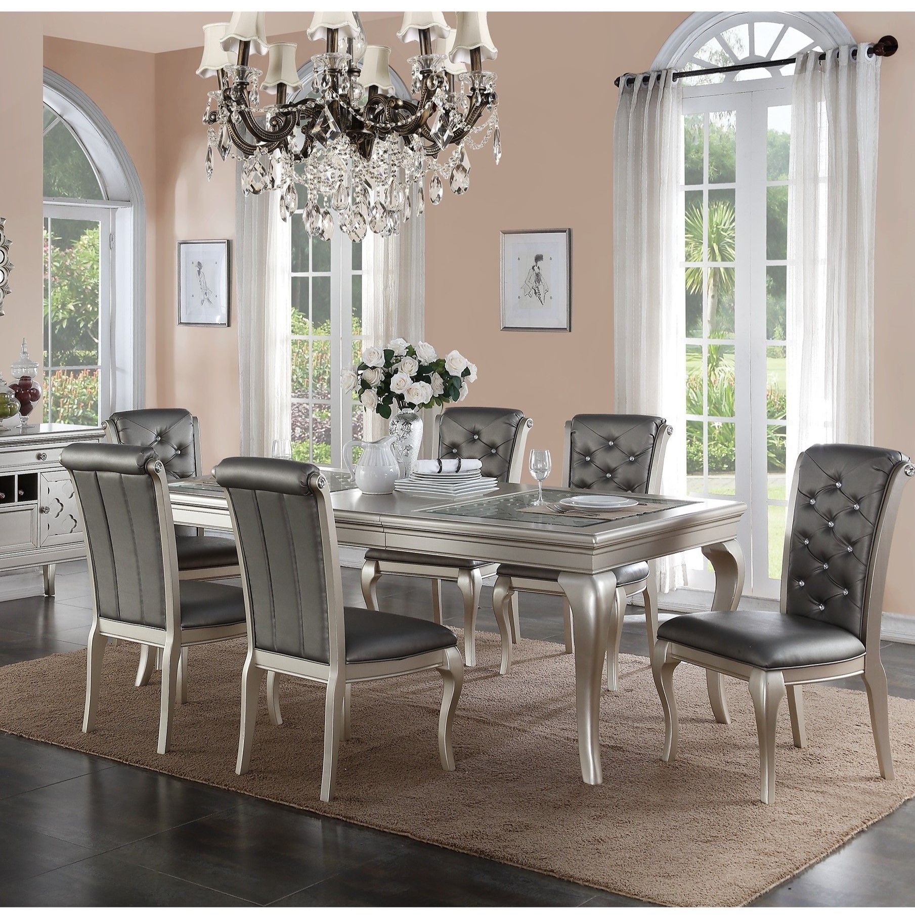 Rectangle Dining Table With Carved Accents - Champagne / Silver