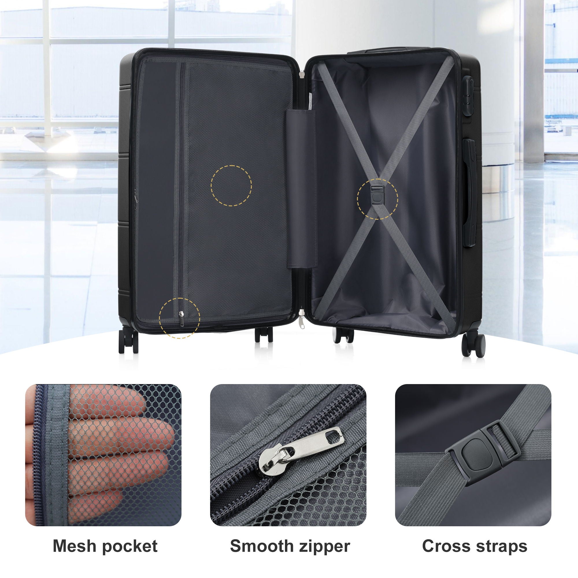 6 Piece Lightweight Hardshell Luggage Set With Double Spinner Wheels, Password Lock