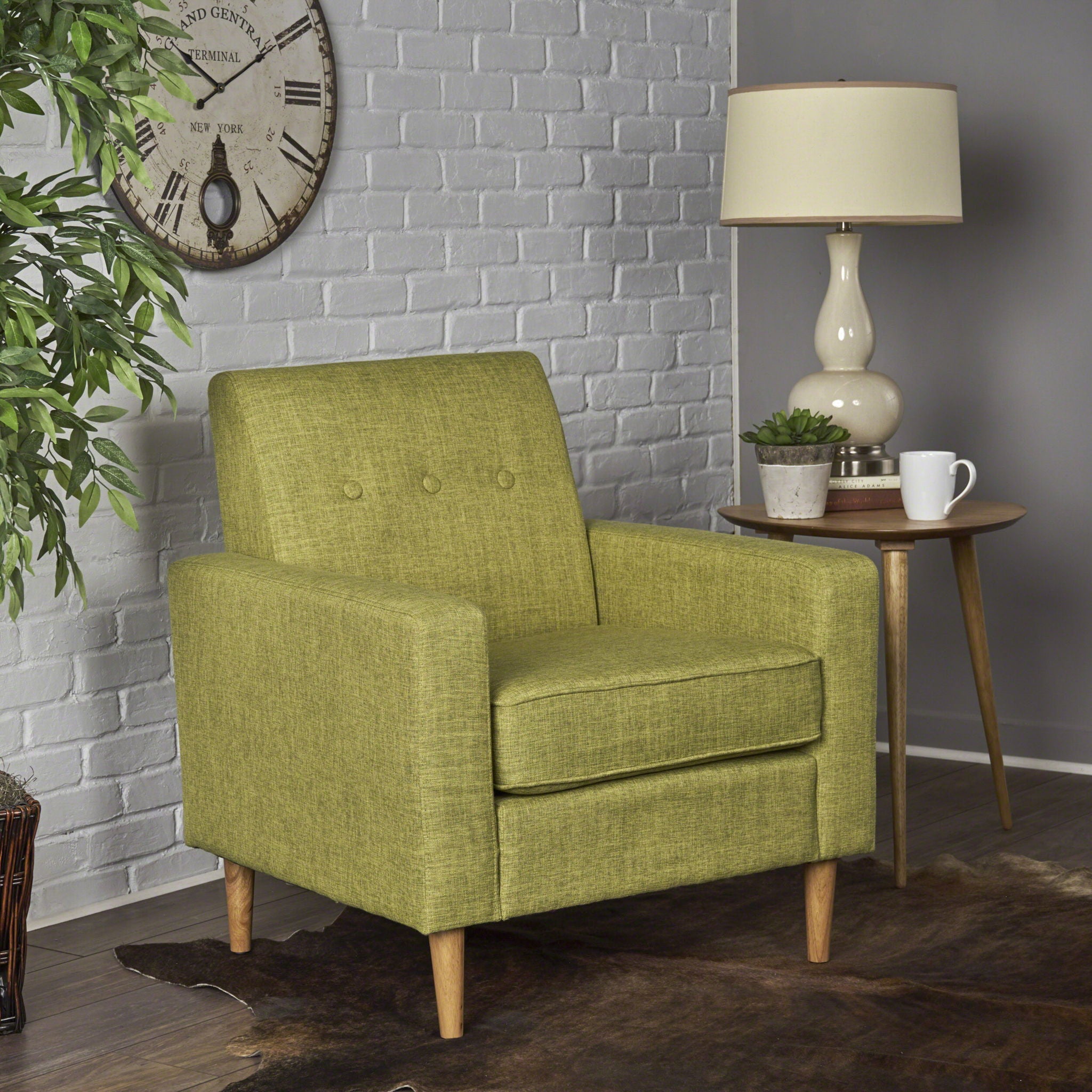 Modern Club Chair, Elegant Fabric With Rubberwood Legs - Green