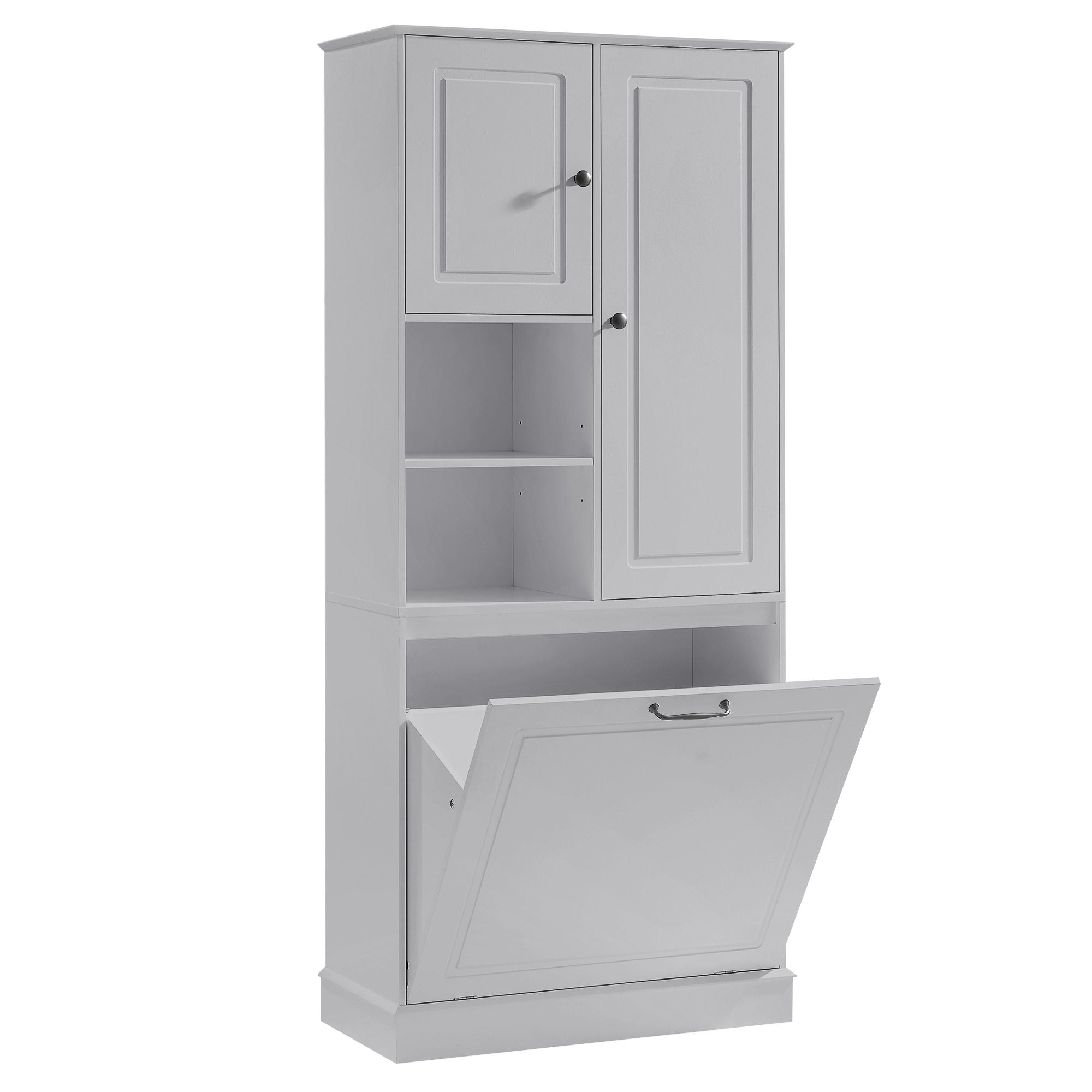 Modern Tall Storage Cabinet With Adjustable Shelves, Flip-Out Basket & Enclosed Doors