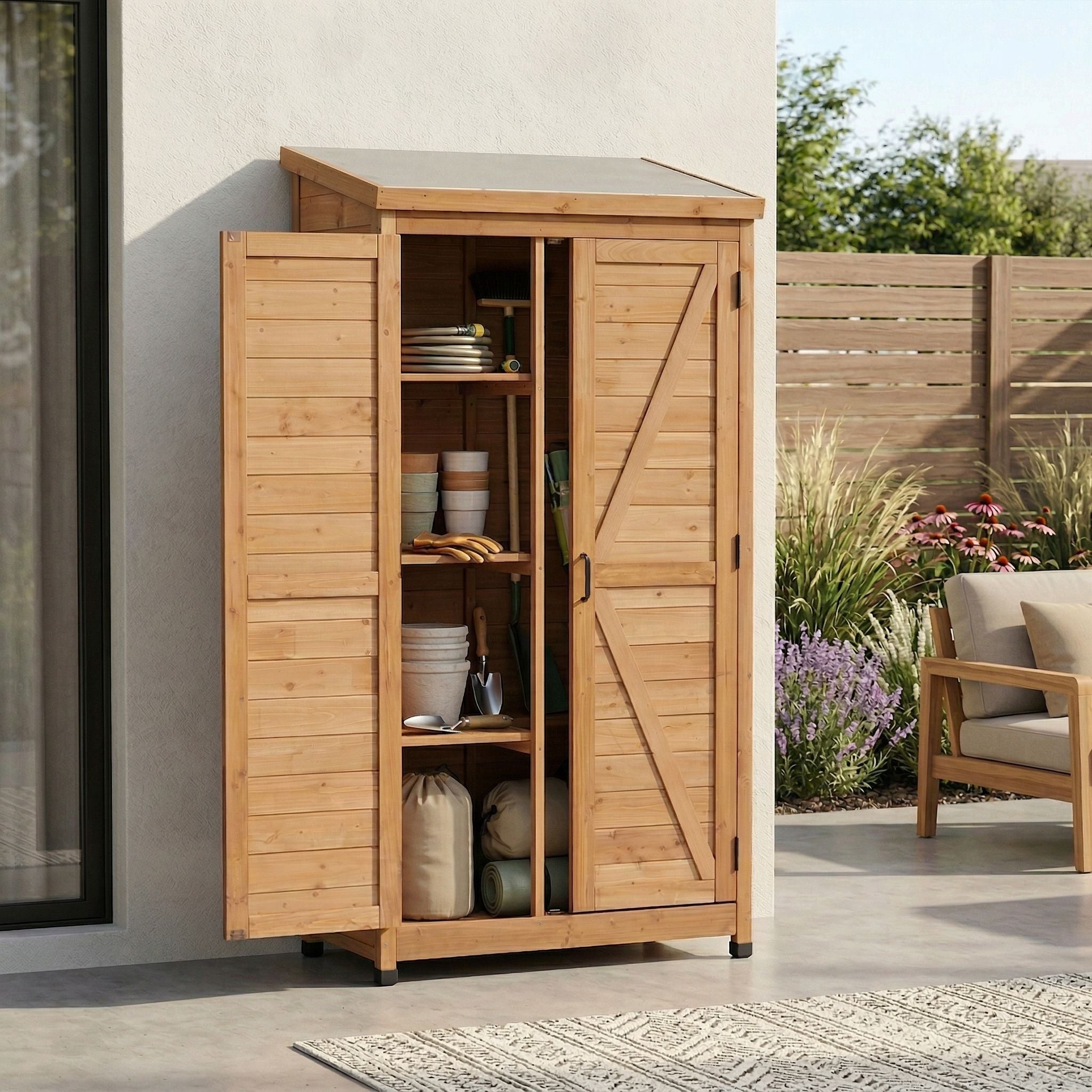 Outdoor Storage Shed With Vertical Tool Cabinet For Backyard